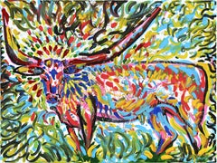 «Longhorn Fever» - Pintura acrílica abstracta y colorida de un toro sobre lienzo