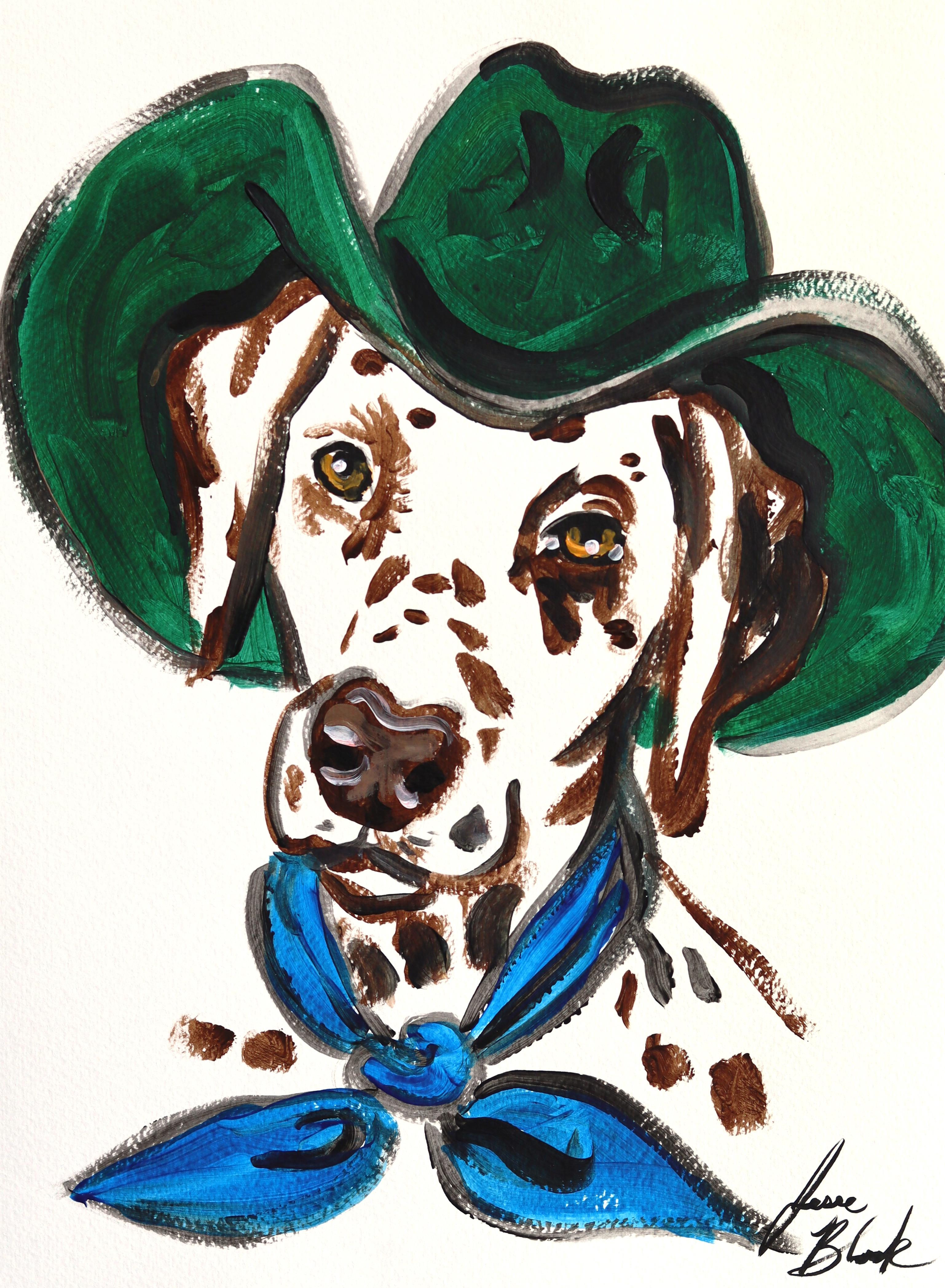 Lou Dog - Abstrait Figuratif Figuratif Chien Inspiré Cowboy Peinture sur papier