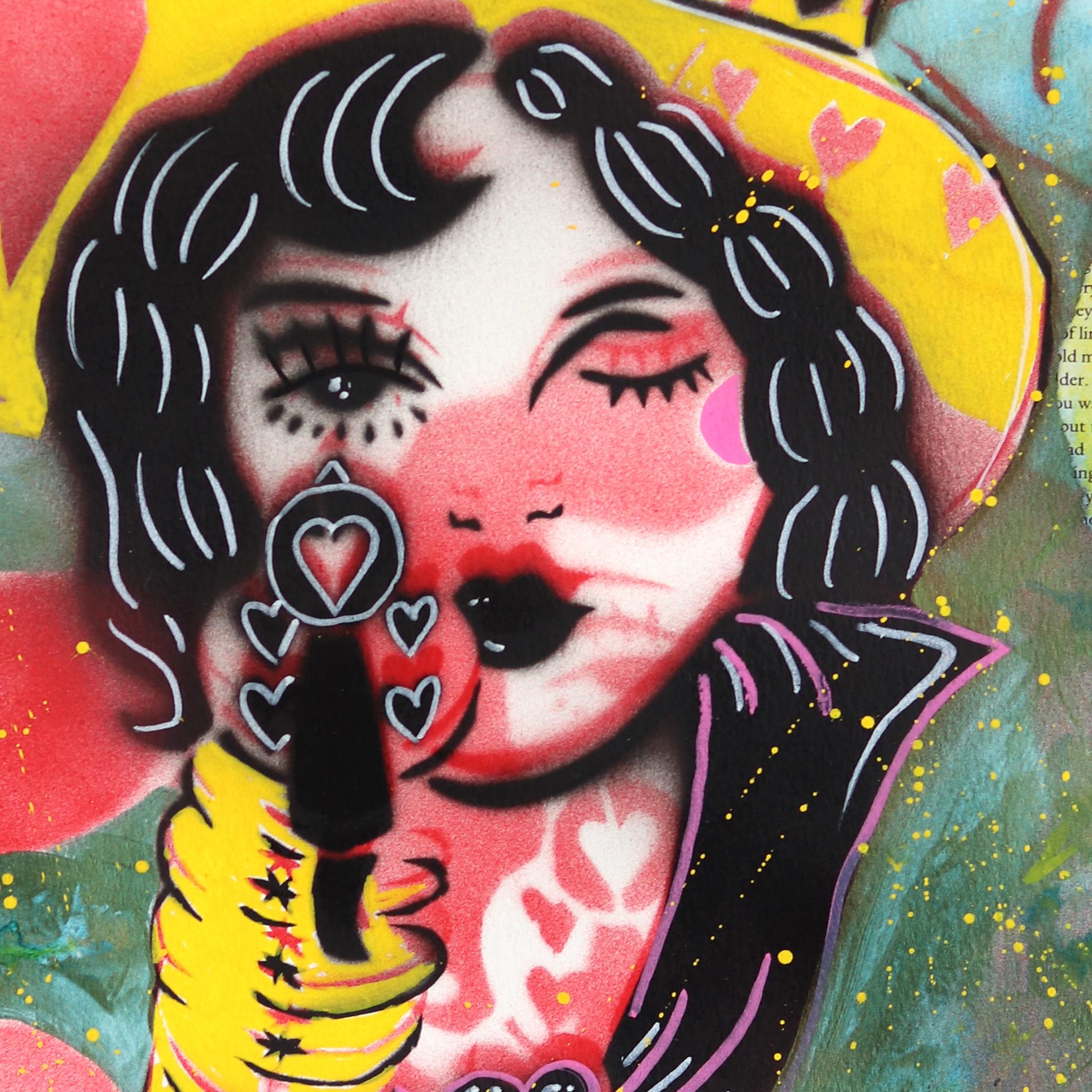 Love Hurt - Colorful Figurative Pin Up Cowgirl Western Mixed Media Art on Paper For Sale 5