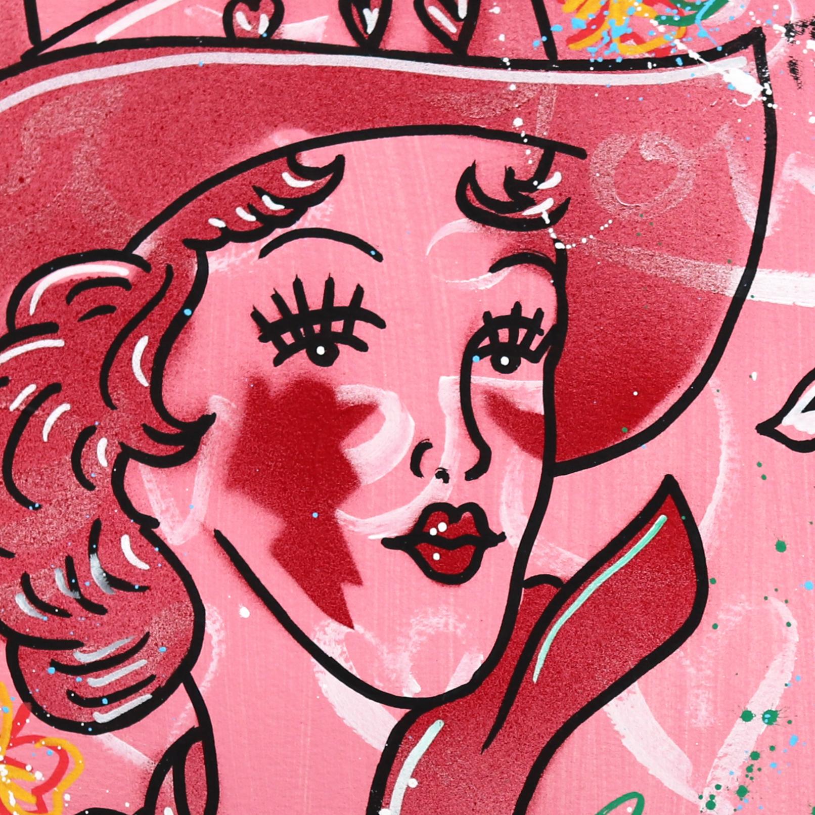Lover (2/14) - Figurative Pink Pin Up Cowgirl Western Mixed Media Art on Paper For Sale 1