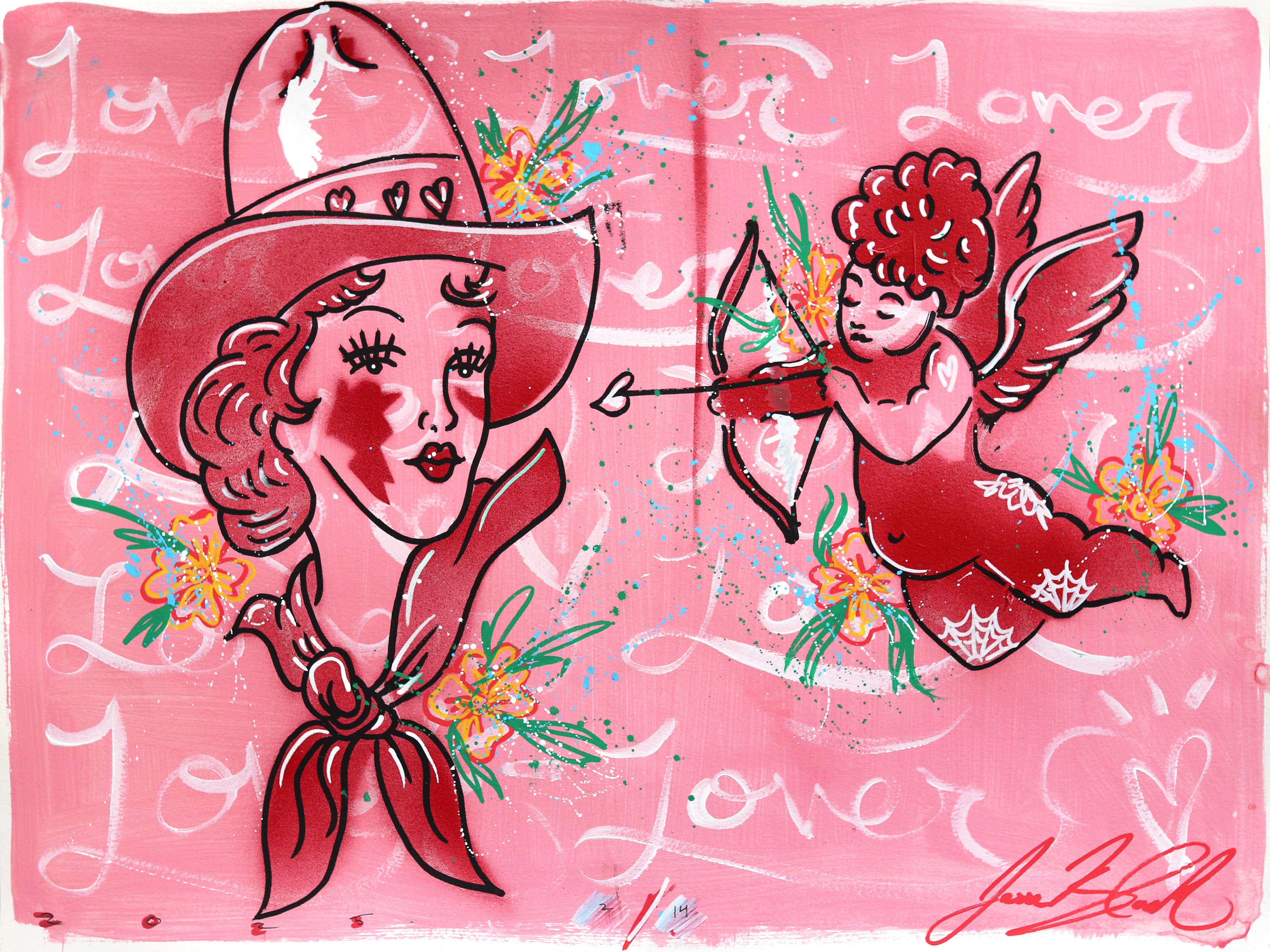 Jesse Black Figurative Painting - Lover (2/14) - Figurative Pink Pin Up Cowgirl Western Mixed Media Art on Paper