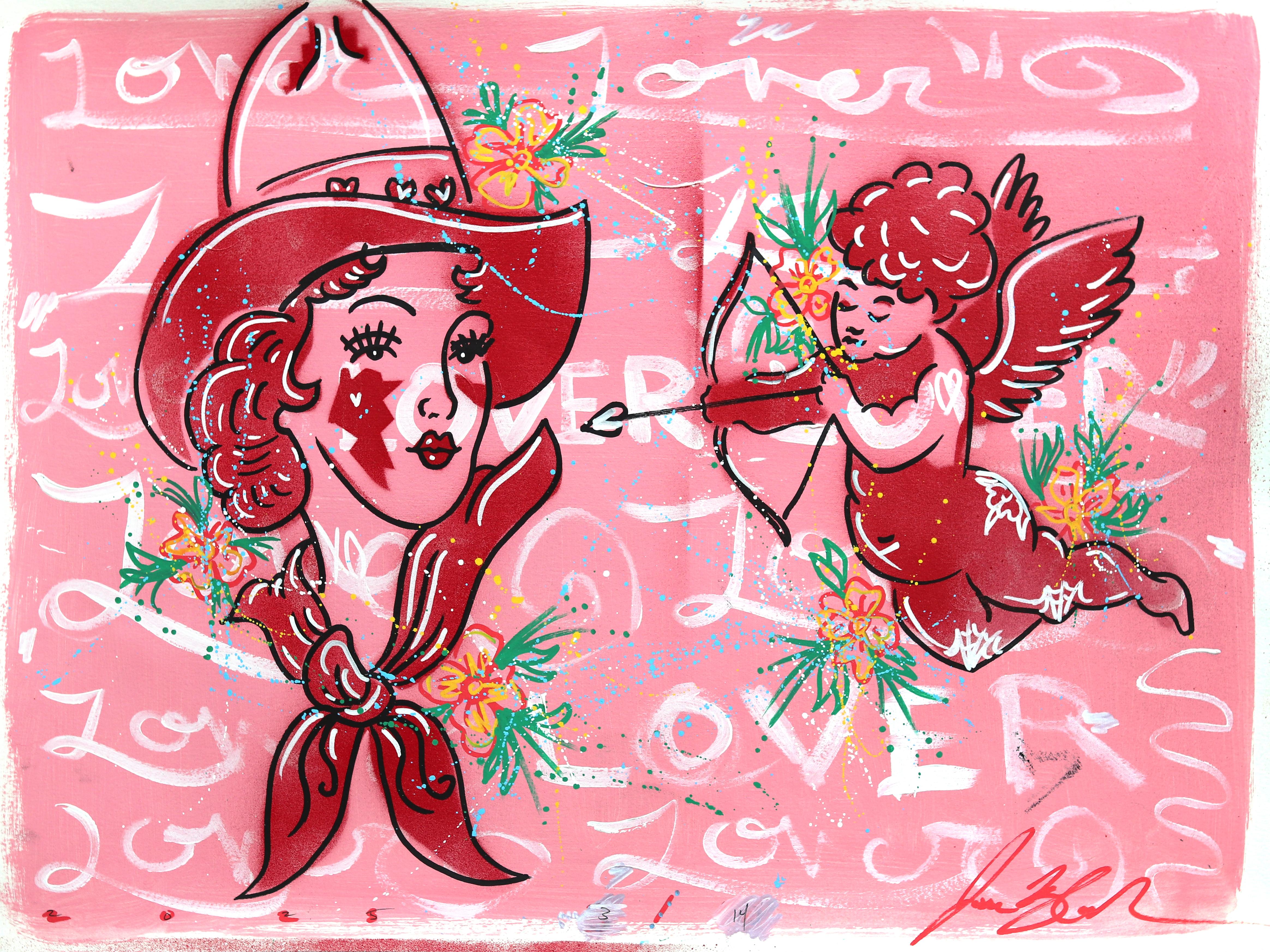 Lover (3/14) - Figurative Pink Pin Up Cowgirl Western Mixed Media Art on Paper