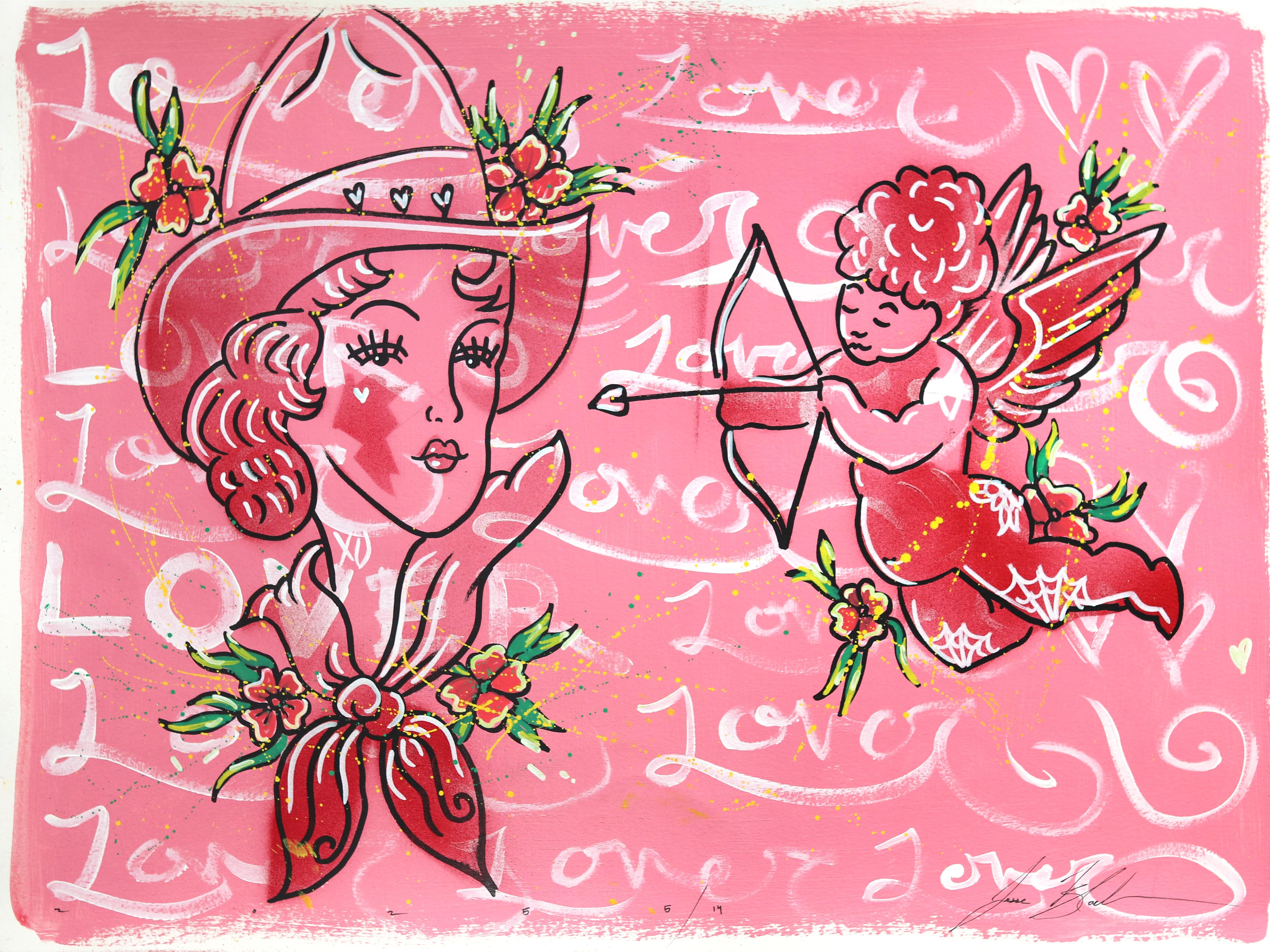 Lover (5/14) - Figurative cowgirl rose d'inspiration vintage sur papier