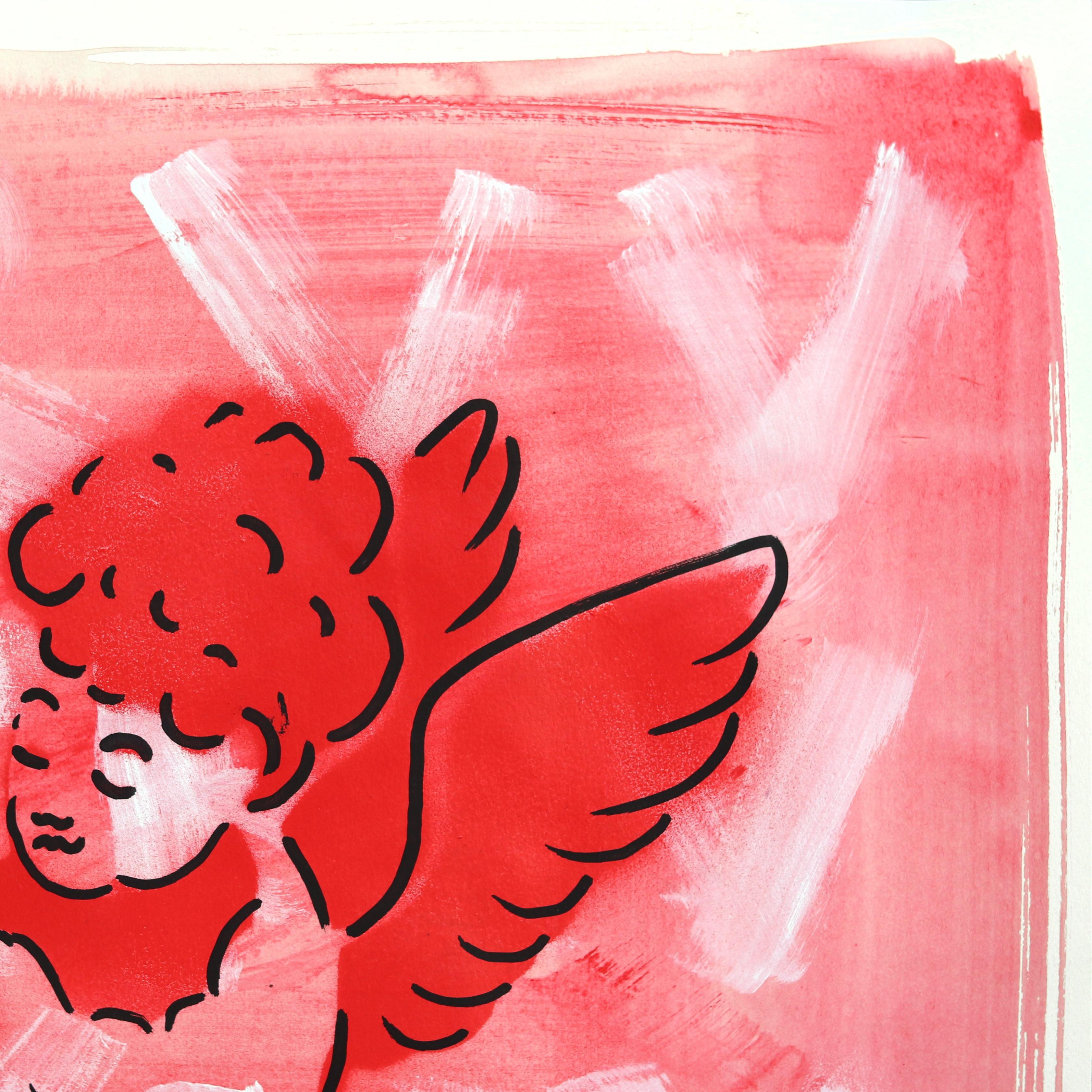 Lover (8/14) - Figurative cowgirl rouge rose d'inspiration vintage sur papier en vente 1
