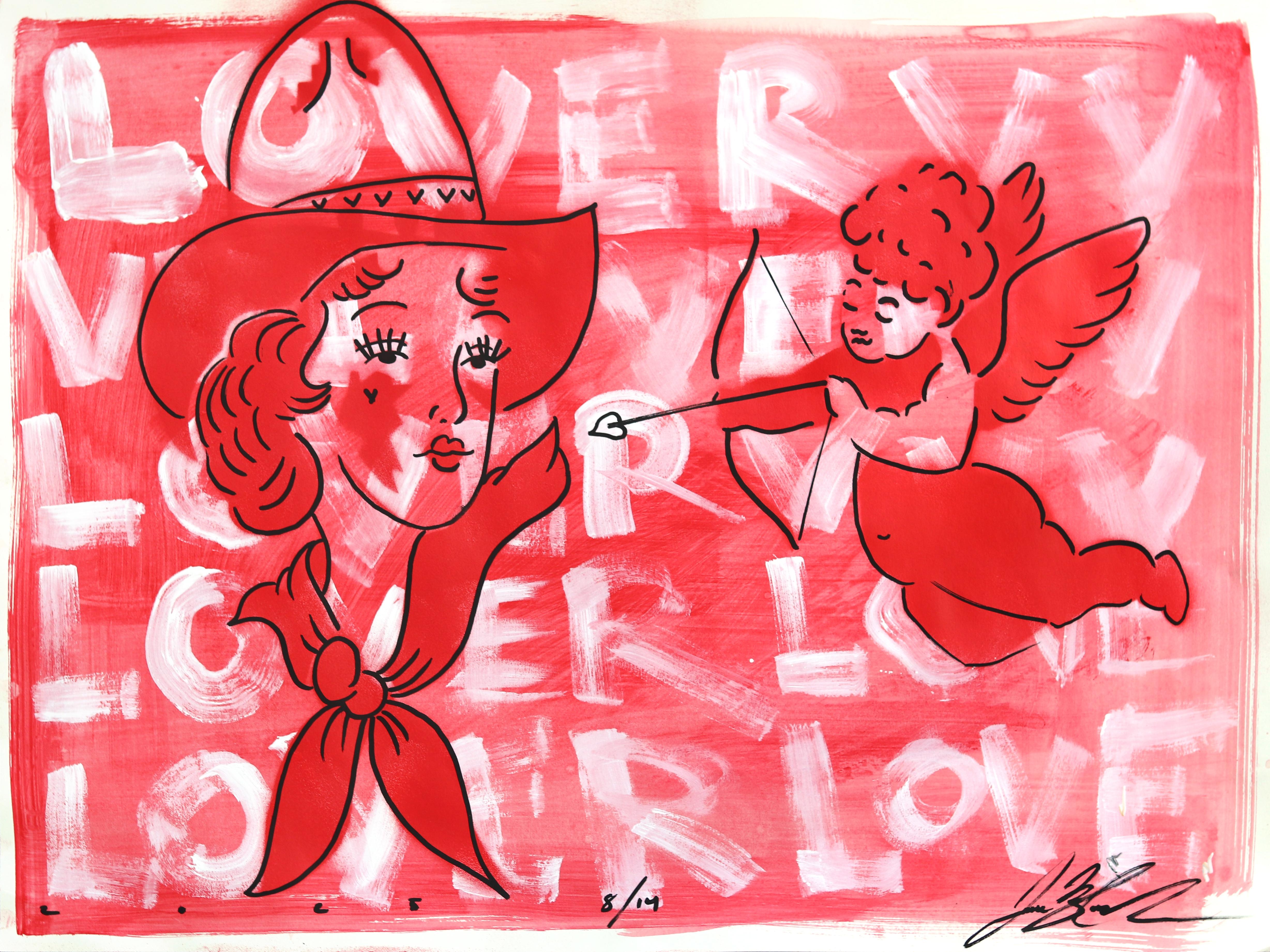 Lover (8/14) - Figurative cowgirl rouge rose d'inspiration vintage sur papier