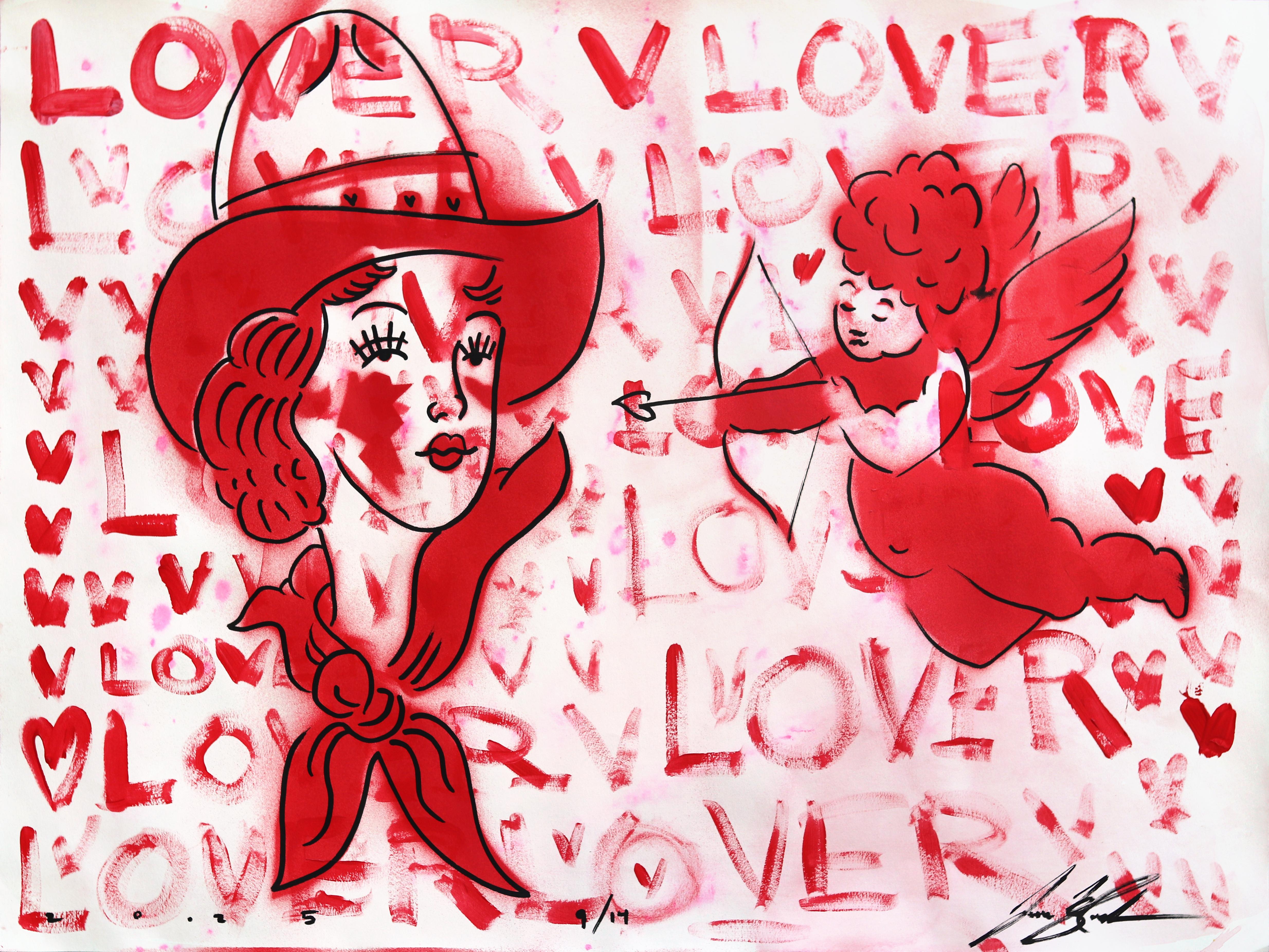 Lover (9/14) - Figurative cowgirl rouge d'inspiration vintage sur papier