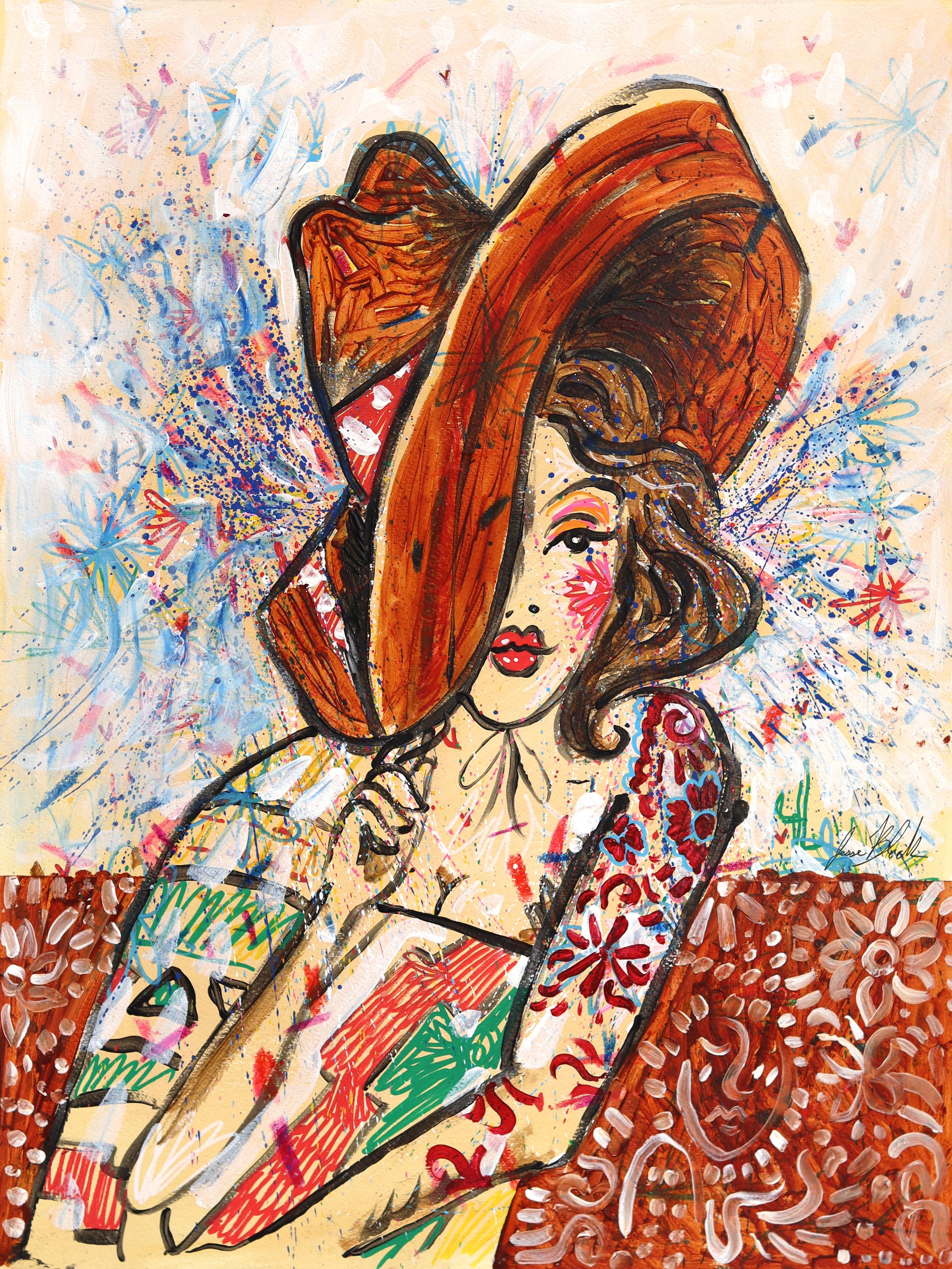 Luce - Abstract Vintage Inspired Figurative Pinup Cowgirl Painting on Paper