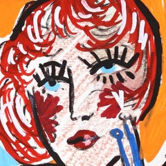 Neon Rose - Œuvre d'art originale et abstraite représentant une cowgirl pin-up colorée, réalisée sur papier
