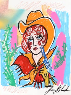 Neon Rose - Œuvre d'art originale et abstraite représentant une cowgirl pin-up colorée, réalisée sur papier