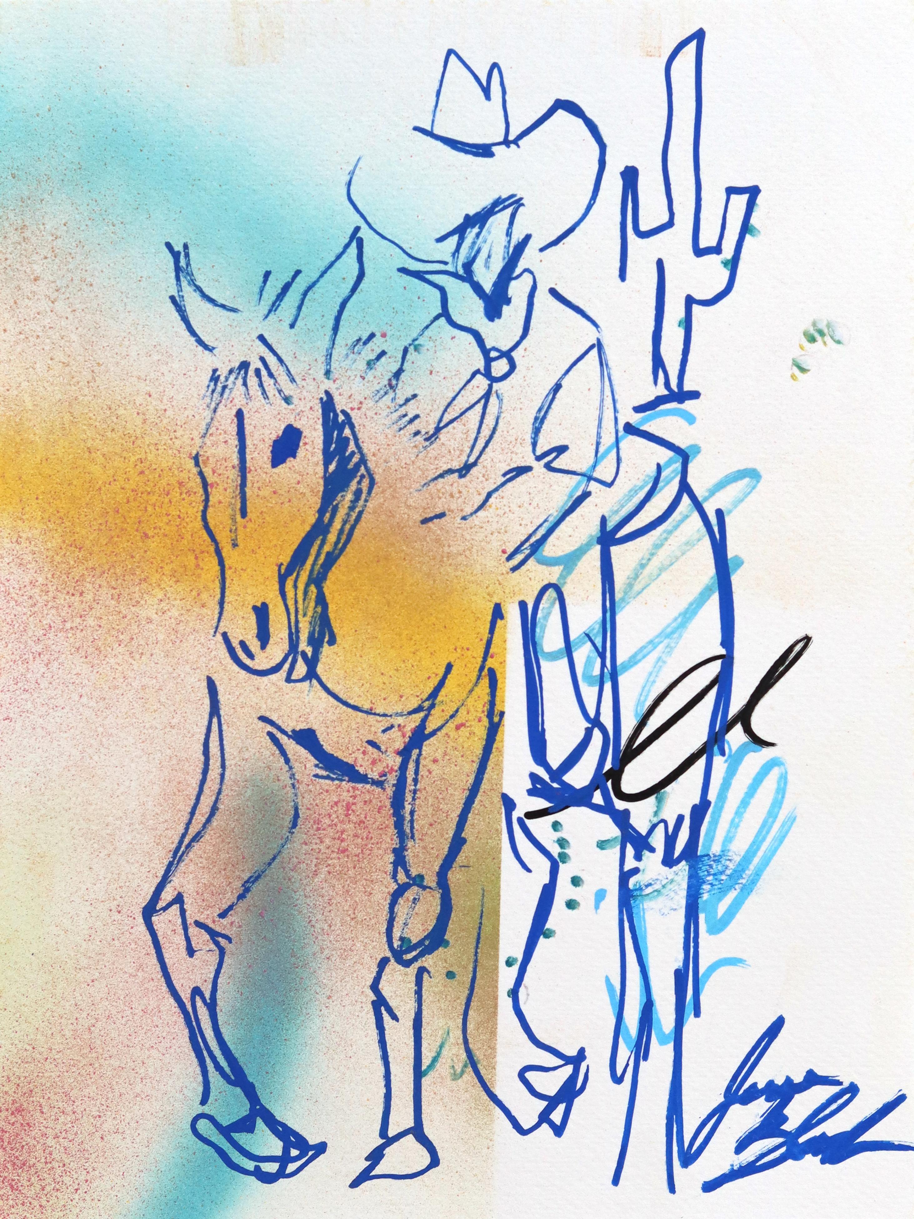 Open Range - Original Abstract Figurative Cowboy and Horse Painting on Paper