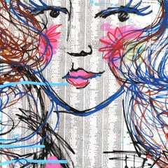 Pink Darling - Abstract Colorful Figurative Cowgirl Pinup Painting on Paper Map