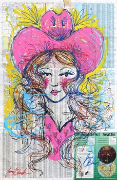 Pink Darling - Abstract Colorful Figurative Cowgirl Pinup Painting on Paper Map