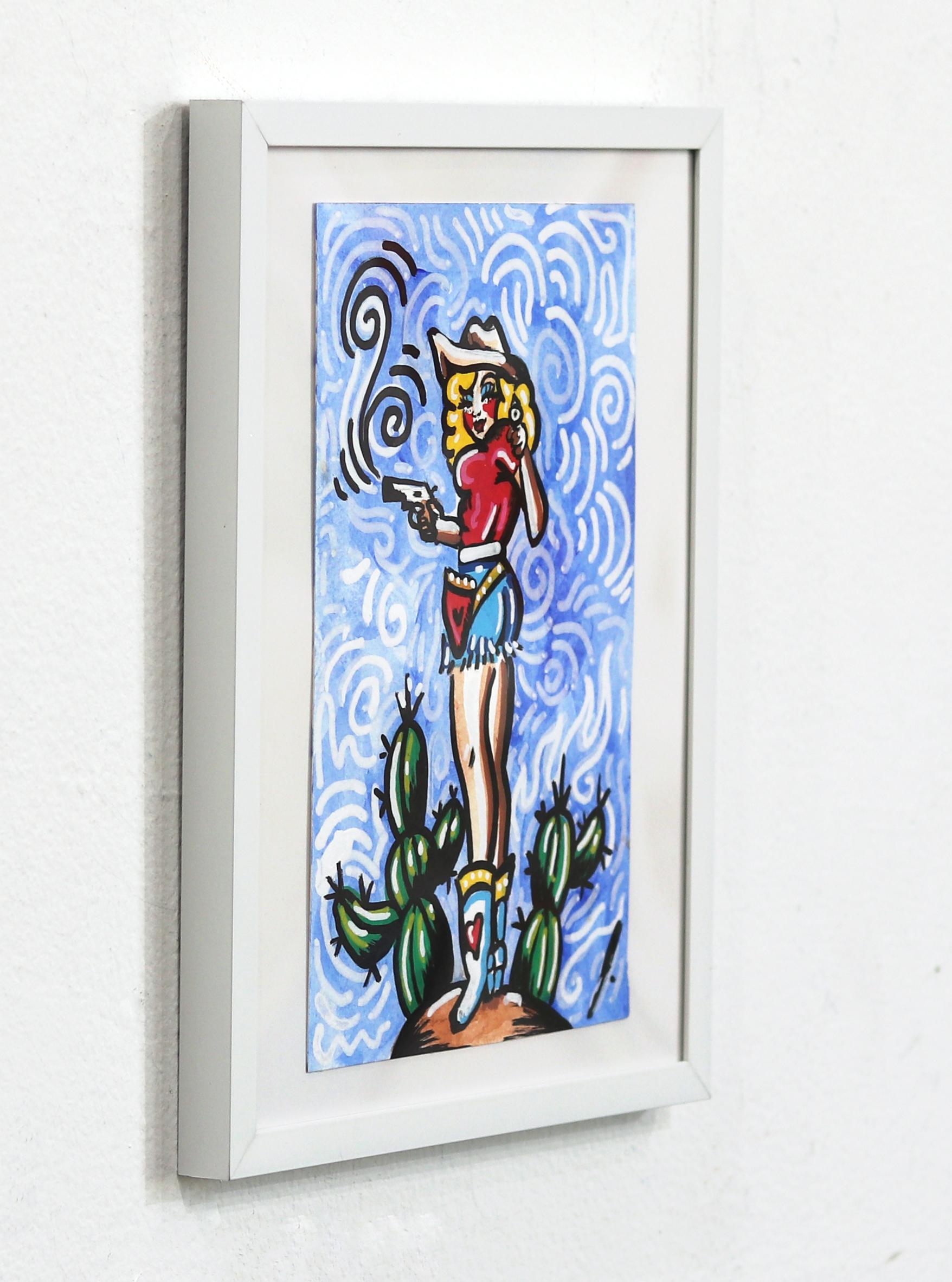 Quick Draw Queen - Vibrante Obra de Arte Figurativa Vaquera sobre Papel en venta 2