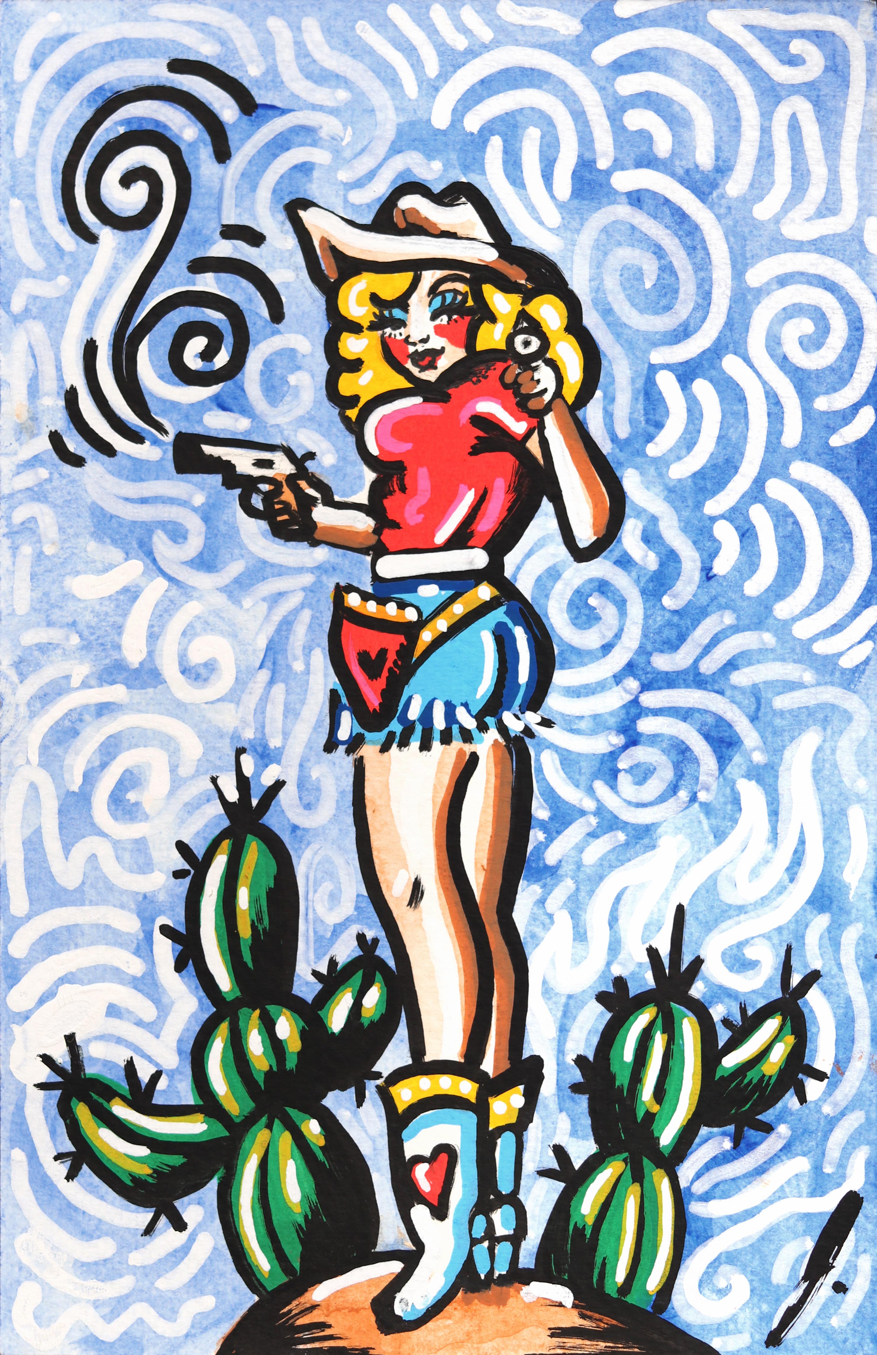 « Quick Draw Queen - Vibrant Figurative Cowgirl Artwork on Paper