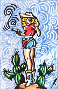 Quick Draw Queen - Vibrant Figurative Cowgirl Artwork on Paper