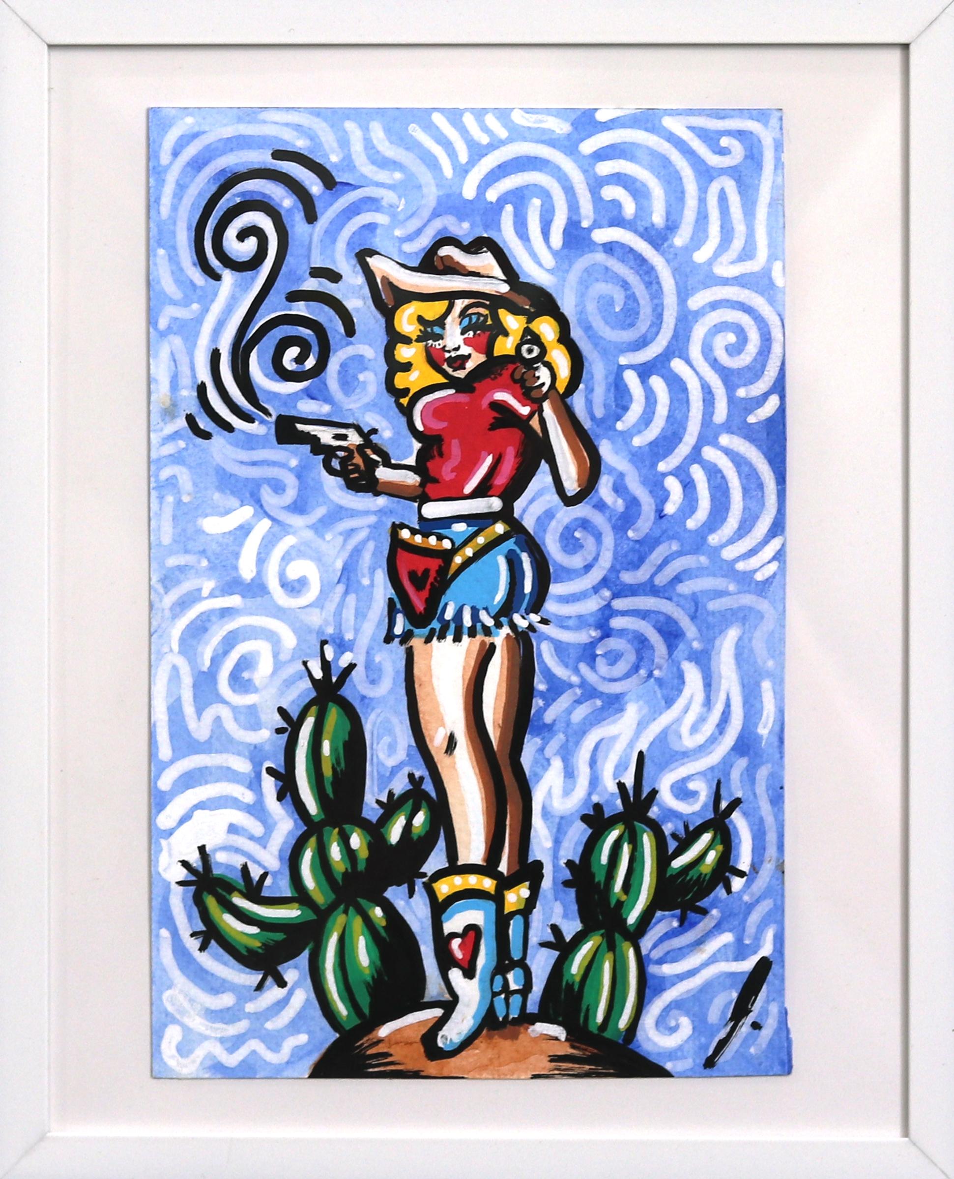 Figurative Painting de Jesse Black - Quick Draw Queen - Vibrante Obra de Arte Figurativa Vaquera sobre Papel