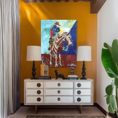Rider On The Storm - Peinture figurative de cow-boy et de cheval sur toile, rehaussée de couleurs