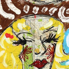 Rodeo Rouge - Abstract Figurative Cowgirl Pinup Portrait Painting on Paper Map