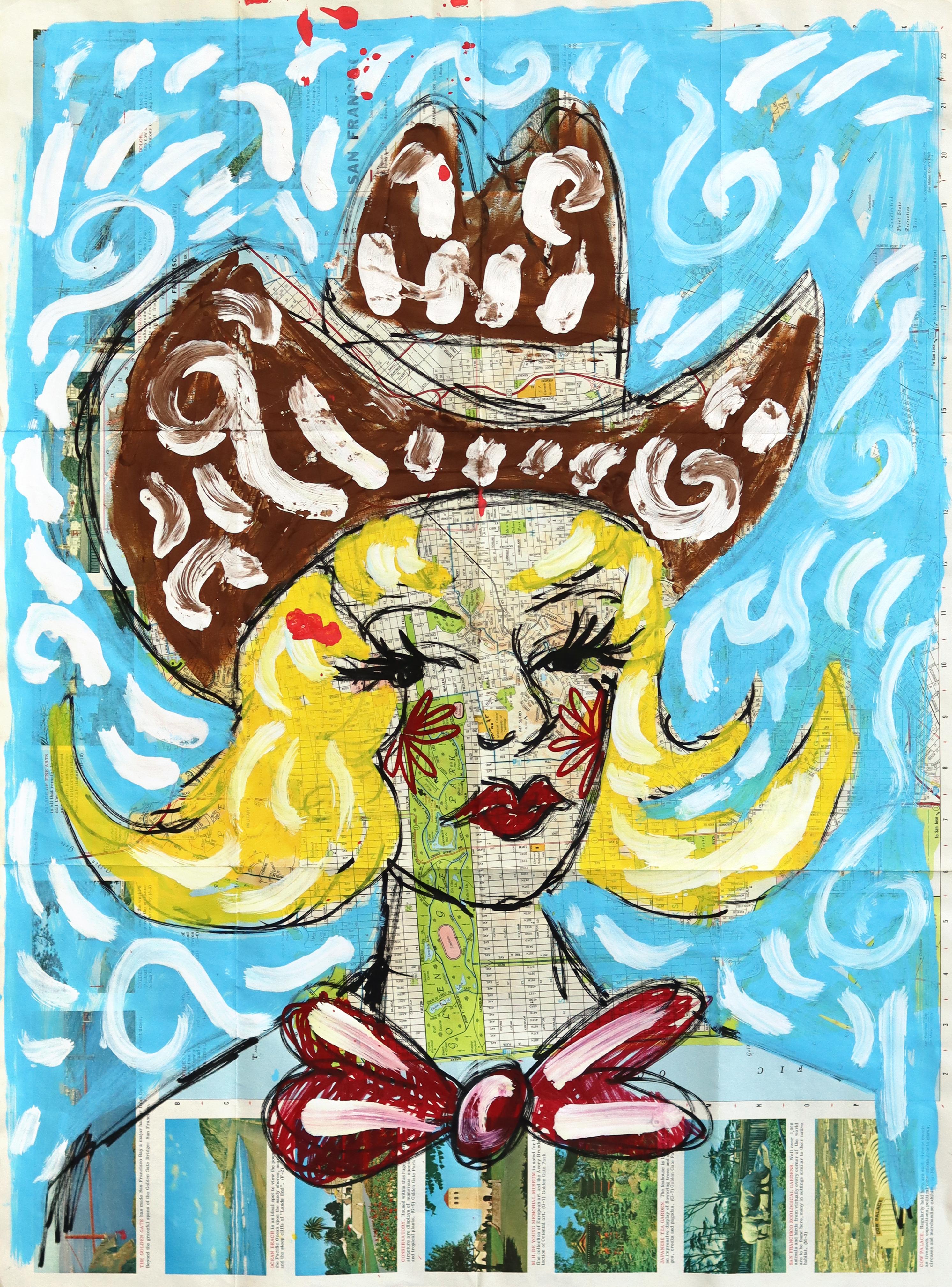 Rodeo Rouge - Abstract Figurative Cowgirl Pinup Portrait Painting on Paper Map