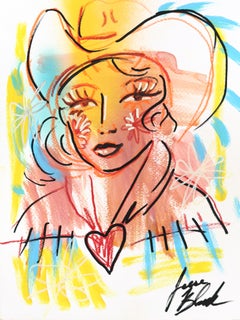 Rodeo Sweetheart - Œuvre d'art figurative abstraite et colorée représentant une cow-girl, réalisée sur papier