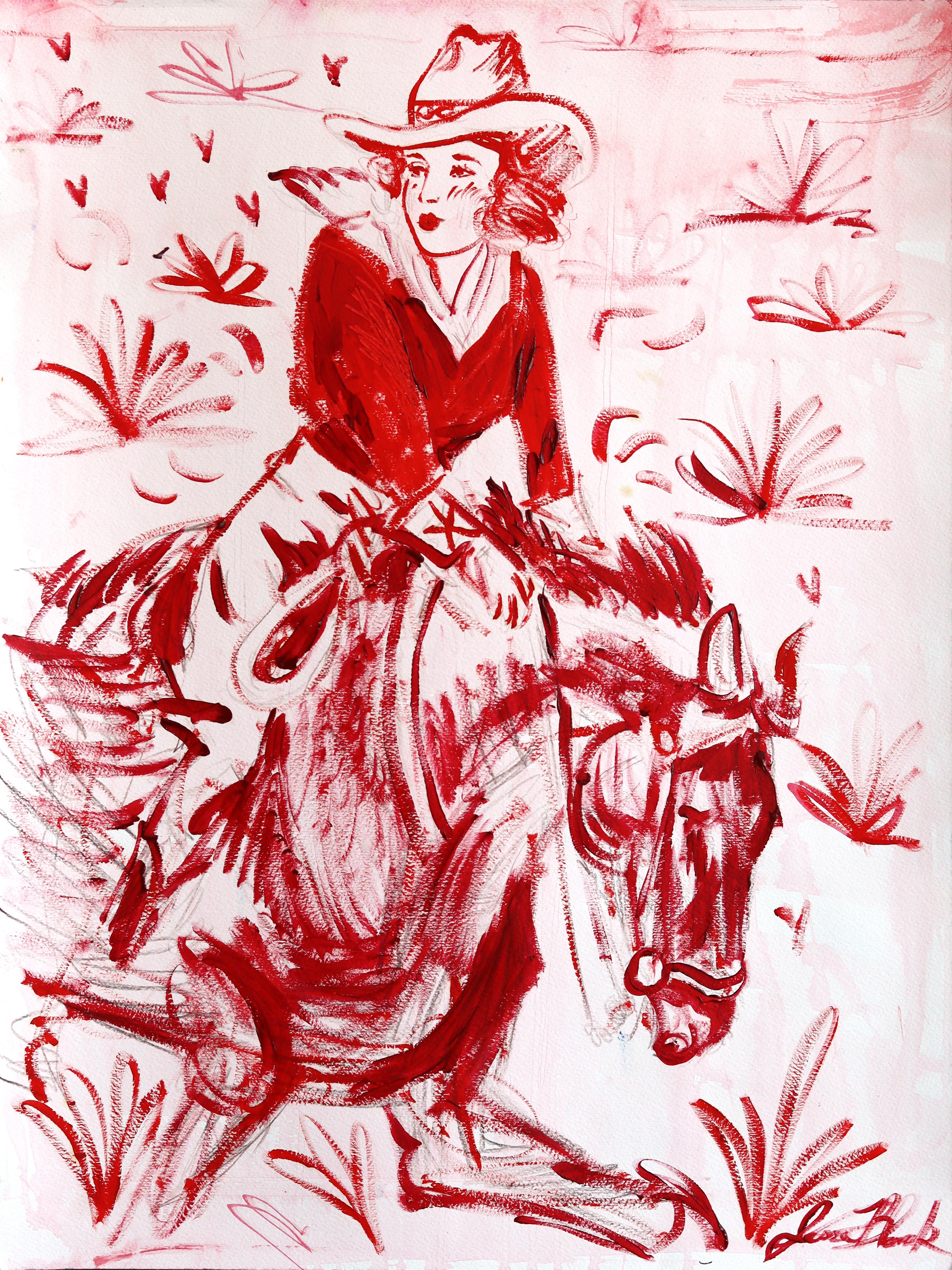 She Was Never Yours - Abstrakte figurative Cowgirl Pferd Malerei auf Papier