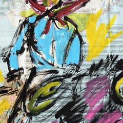 „The Long Way West“ – Abstrakt-figuratives Gemälde mit Cowboy und Pferd auf einer Papierkarte