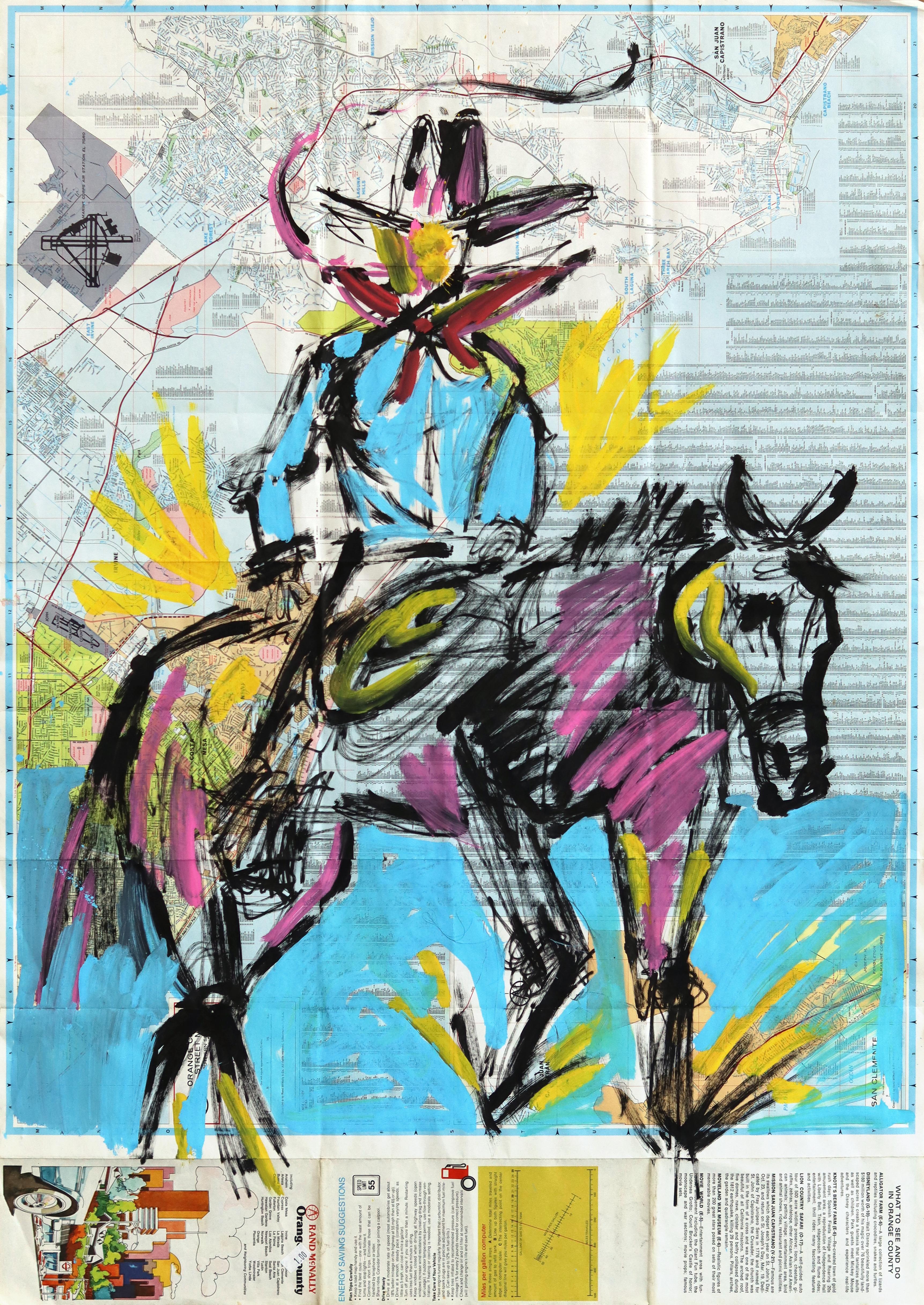 The Long Way West - Abstract Figurative Cowboy and Horse Painting on Paper Map