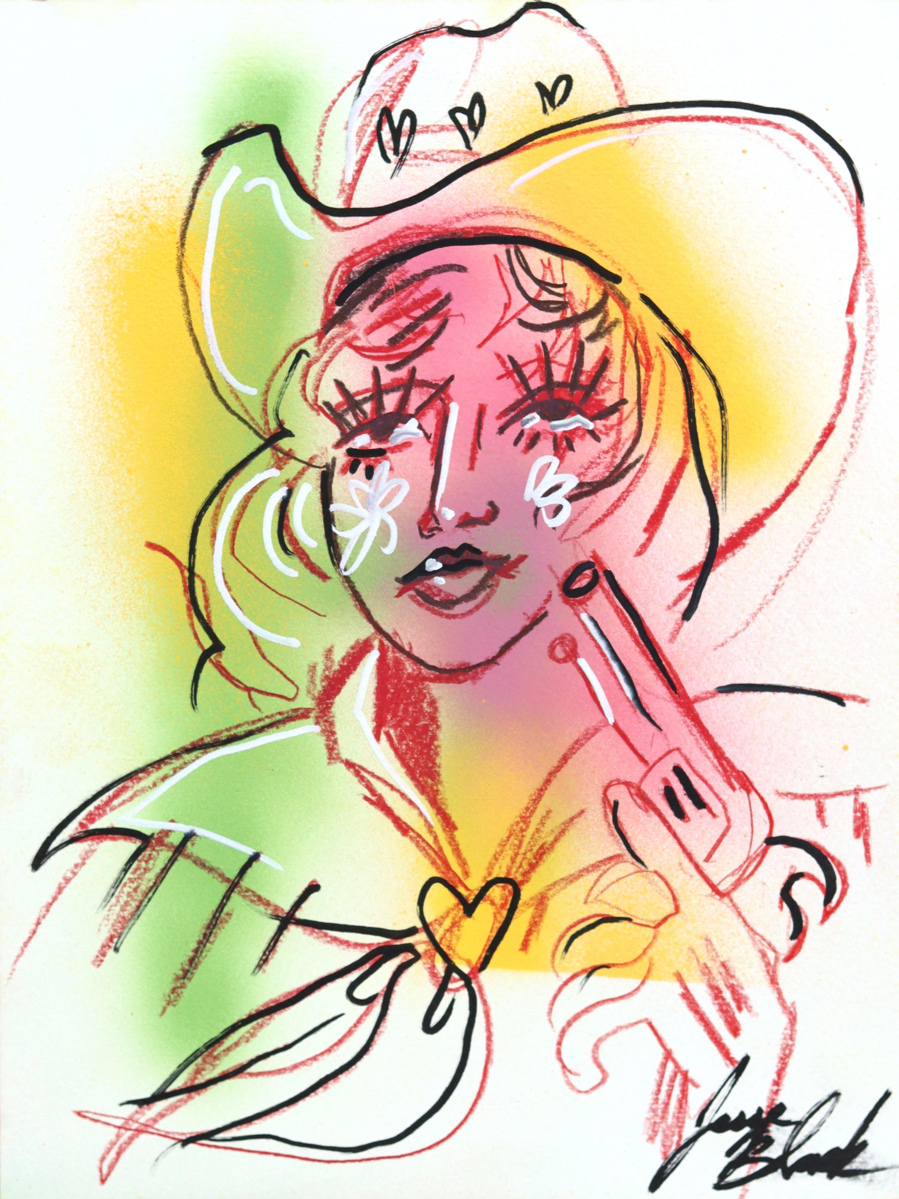Trigger Warning - Original Abstract Colorful Figurative Cowgirl Art on Paper