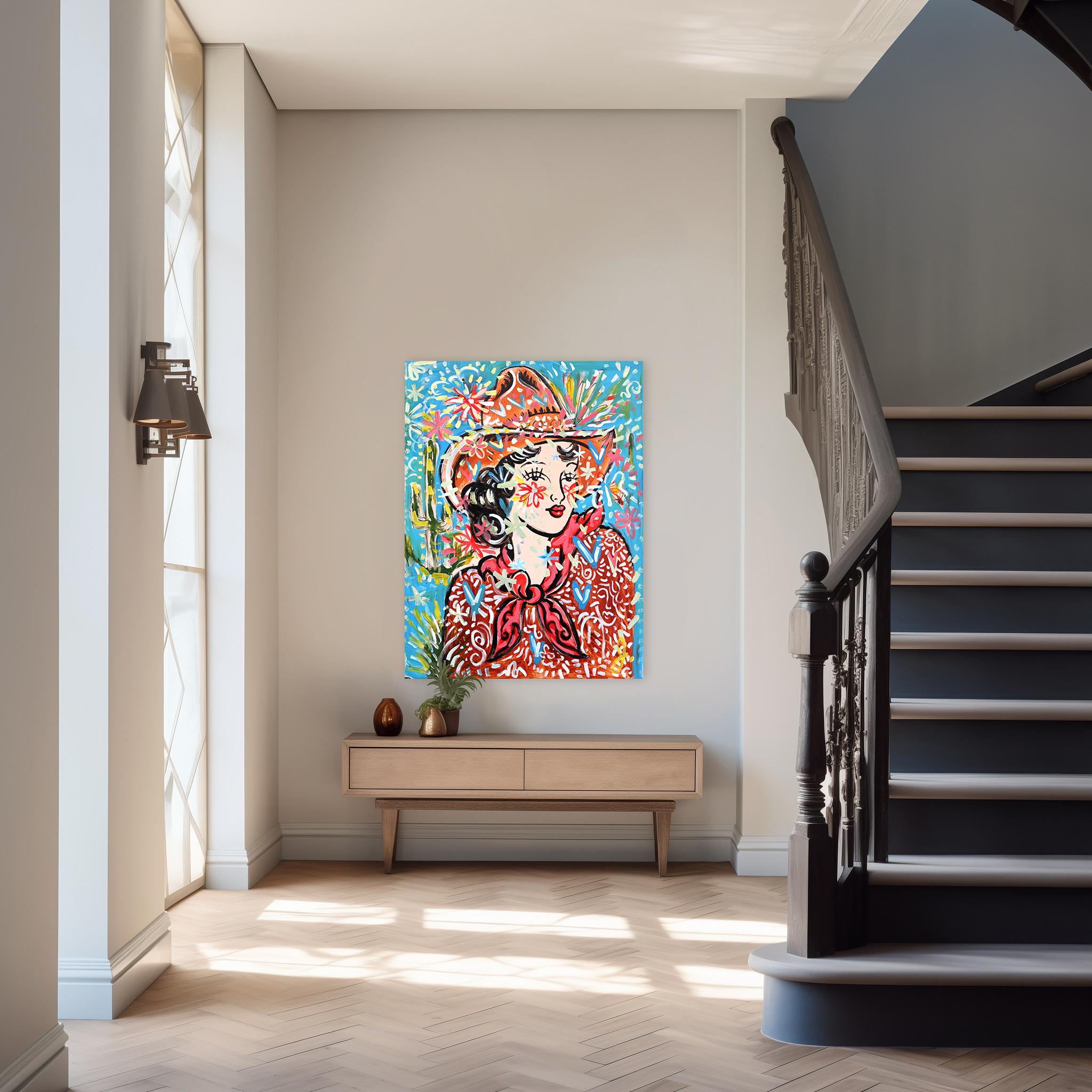 Wild Flower Cowgirl - Abstract Colorful Figurative Pinup Painting on Canvas - Beige Figurative Painting by Jesse Black