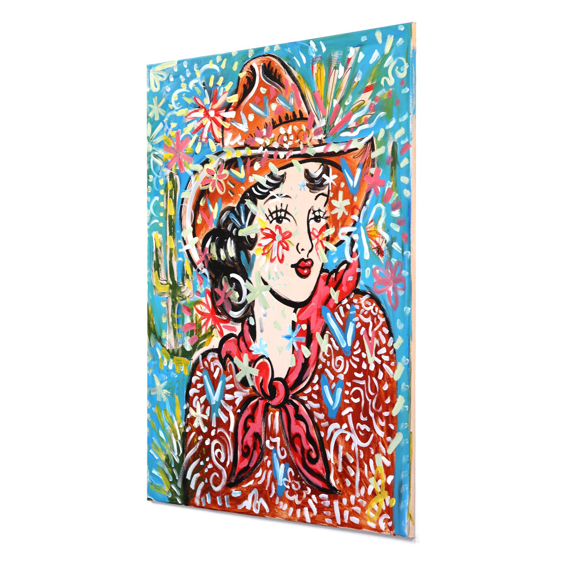 Wild Flower Cowgirl - Abstract Colorful Figurative Pinup Painting on Canvas For Sale 1