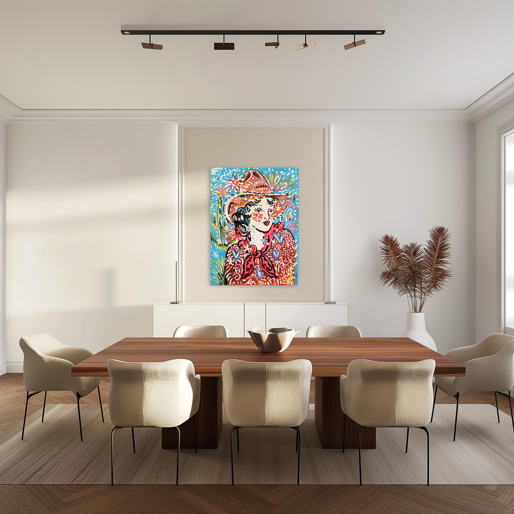 Wild Flower Cowgirl - Abstract Colorful Figurative Pinup Painting on Canvas For Sale 3