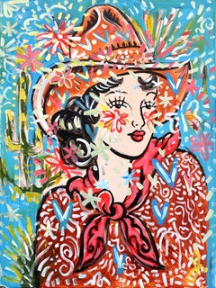 Wild Flower Cowgirl - Abstract Colorful Figurative Pinup Painting on Canvas