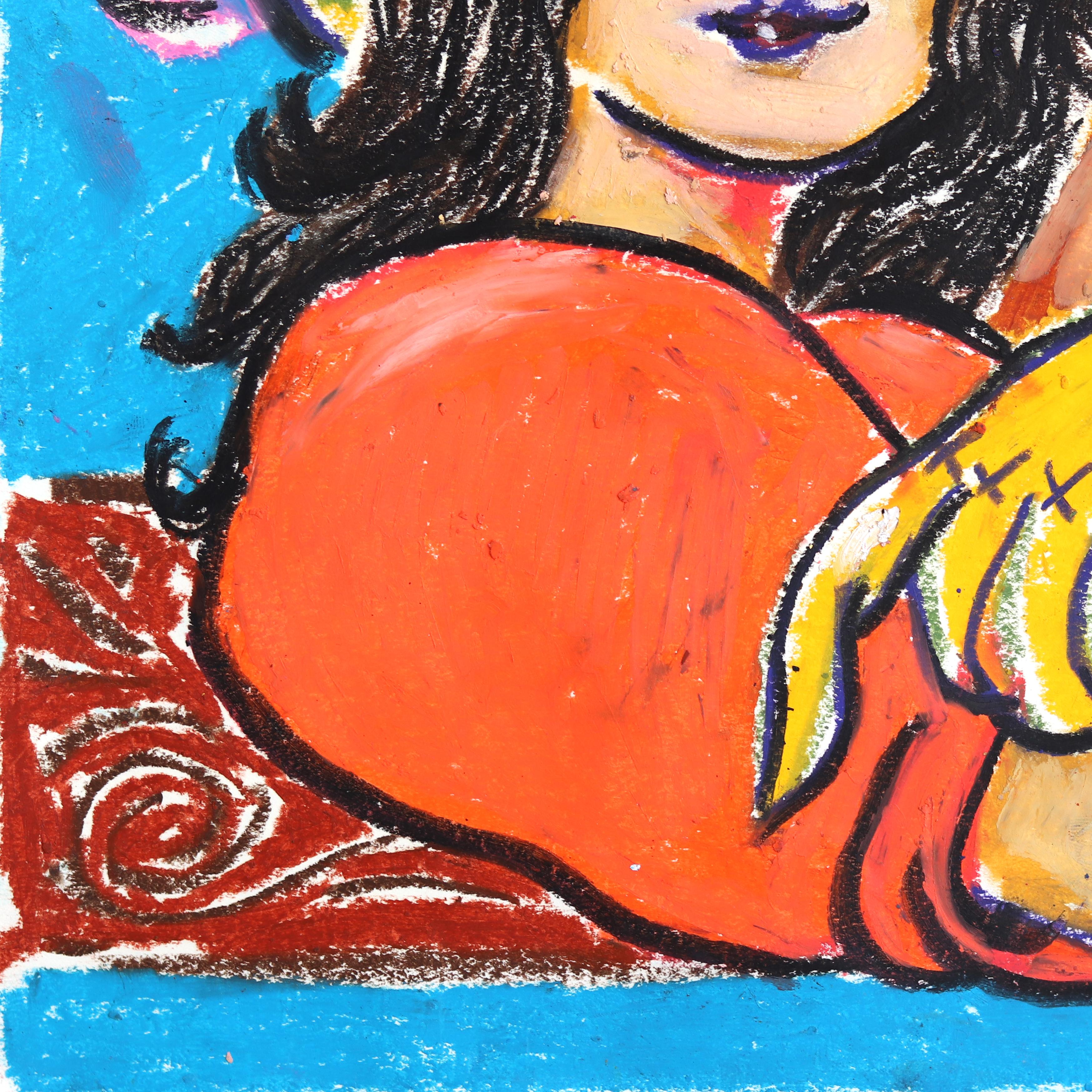 Wild West Dream - Colorful Playful Figurative Cowgirl Horse Mixed Media on Paper For Sale 1