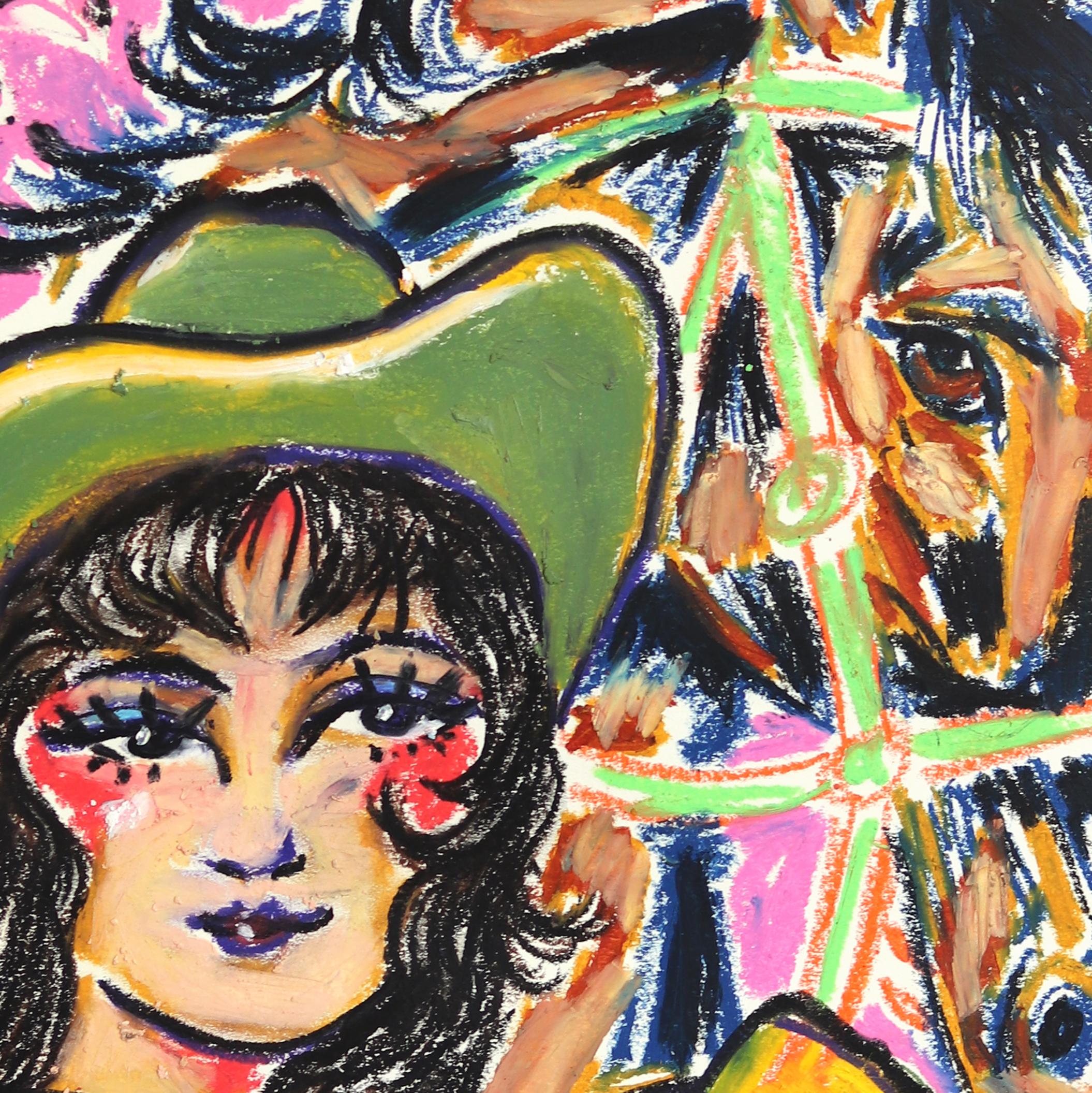 Wild West Dream - Colorful Playful Figurative Cowgirl Horse Mixed Media on Paper For Sale 2