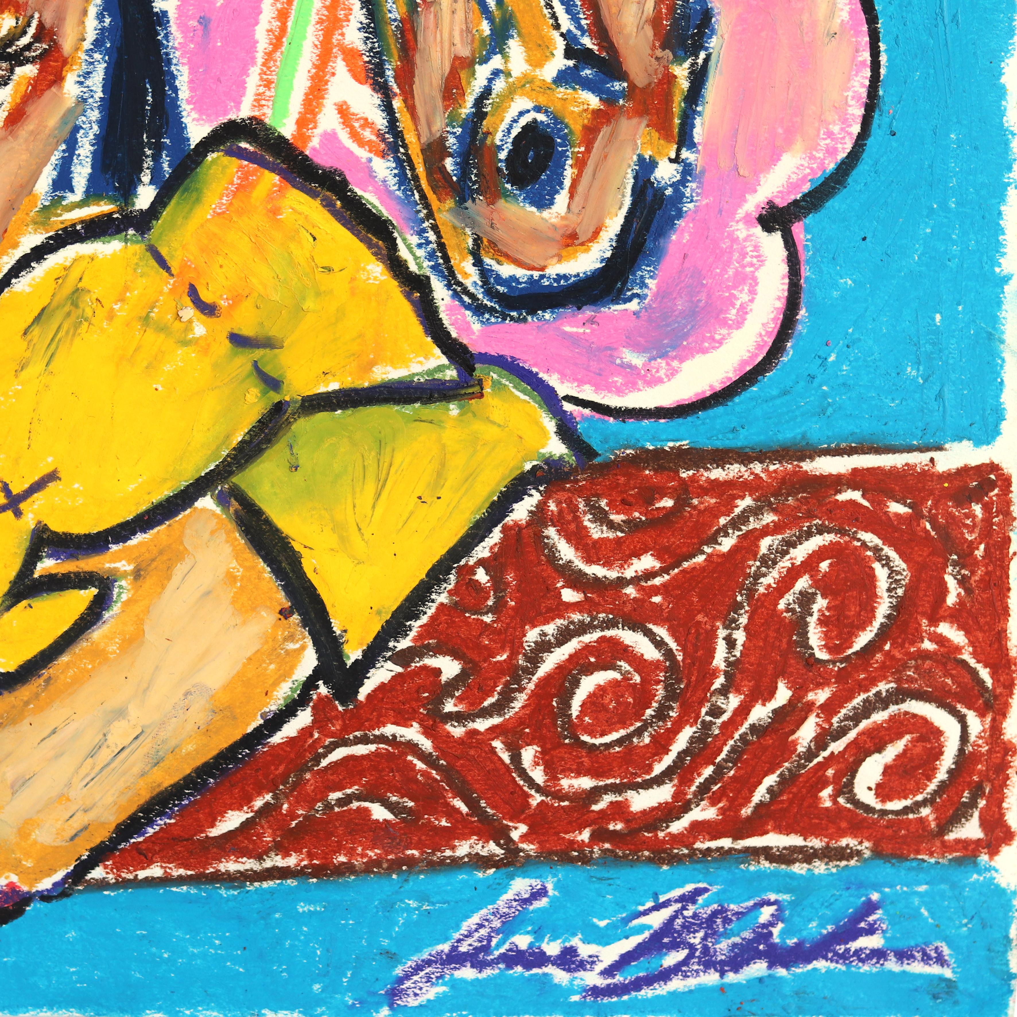 Wild West Dream - Colorful Playful Figurative Cowgirl Horse Mixed Media on Paper For Sale 3