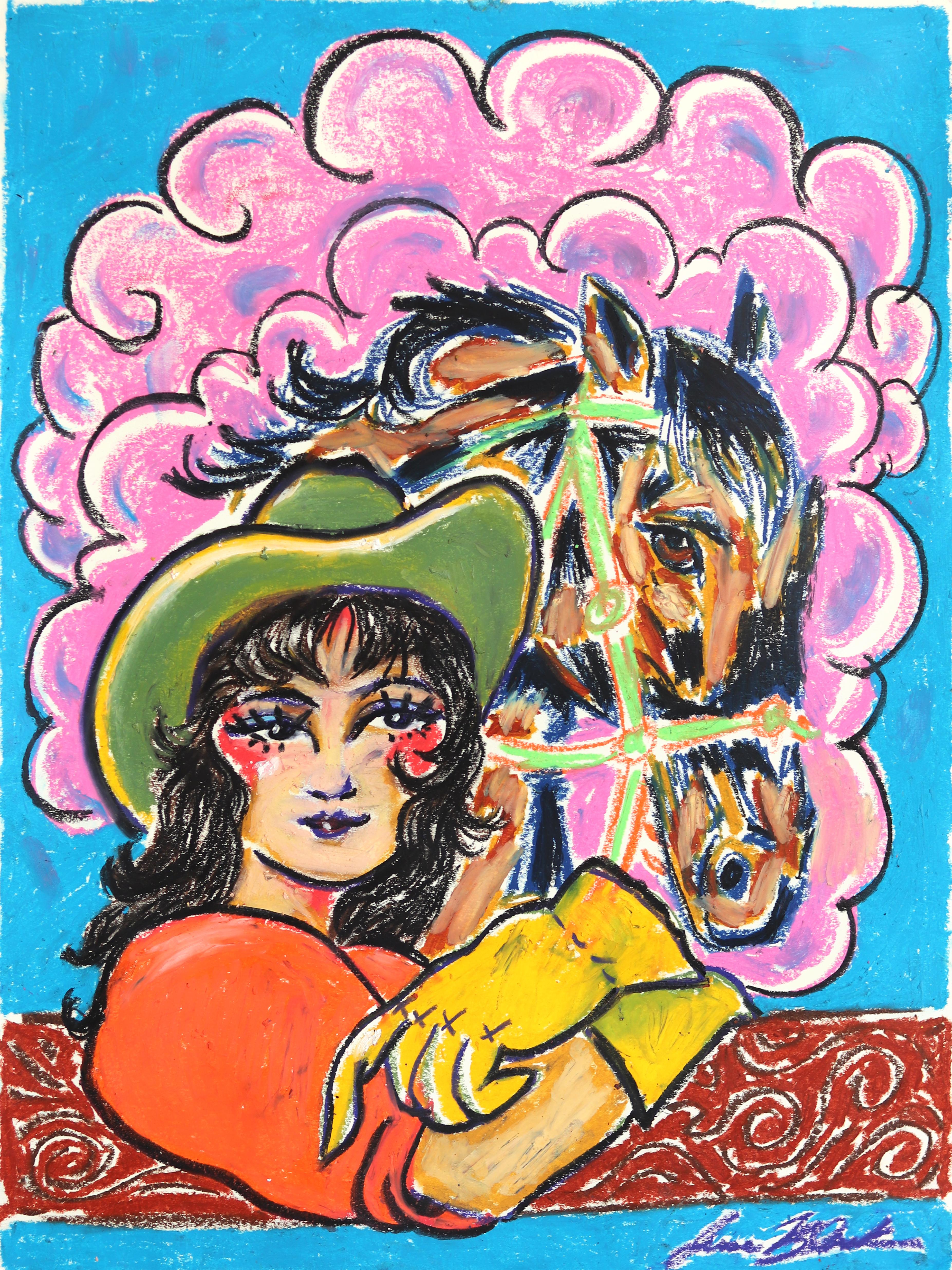 Wild West Dream – farbenfrohes, spielerisches, figuratives Rindslederpferd, Mixed Media auf Papier