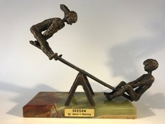 Jesse C Beesley Signed 1970s Bronze Boy and Girl Teeter-Totter SeeSaw Sculpture
