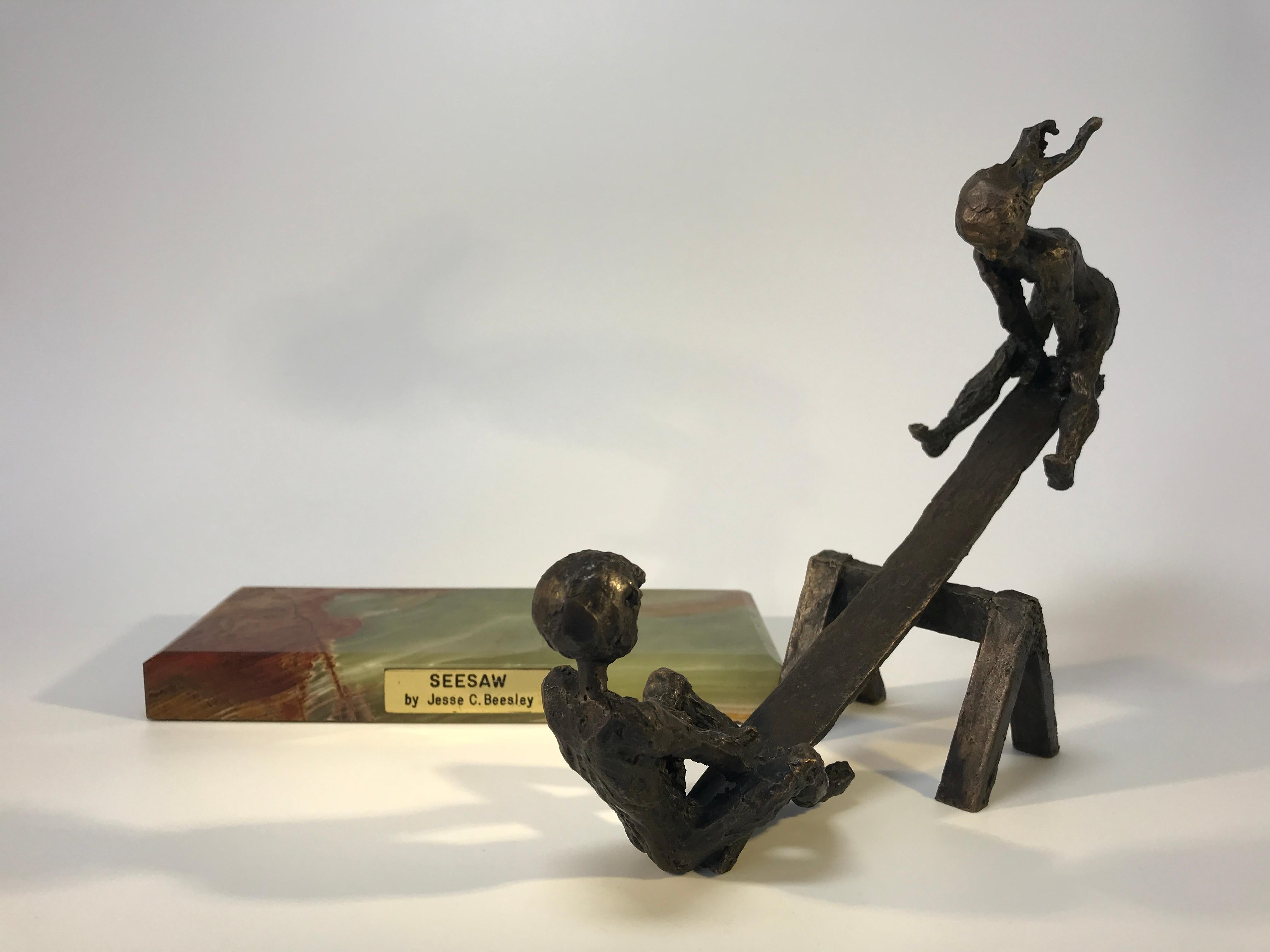 Jesse C Beesley Signed 1970s Bronze Boy and Girl Teeter-Totter SeeSaw Sculpture In Good Condition In Rothley, Leicestershire
