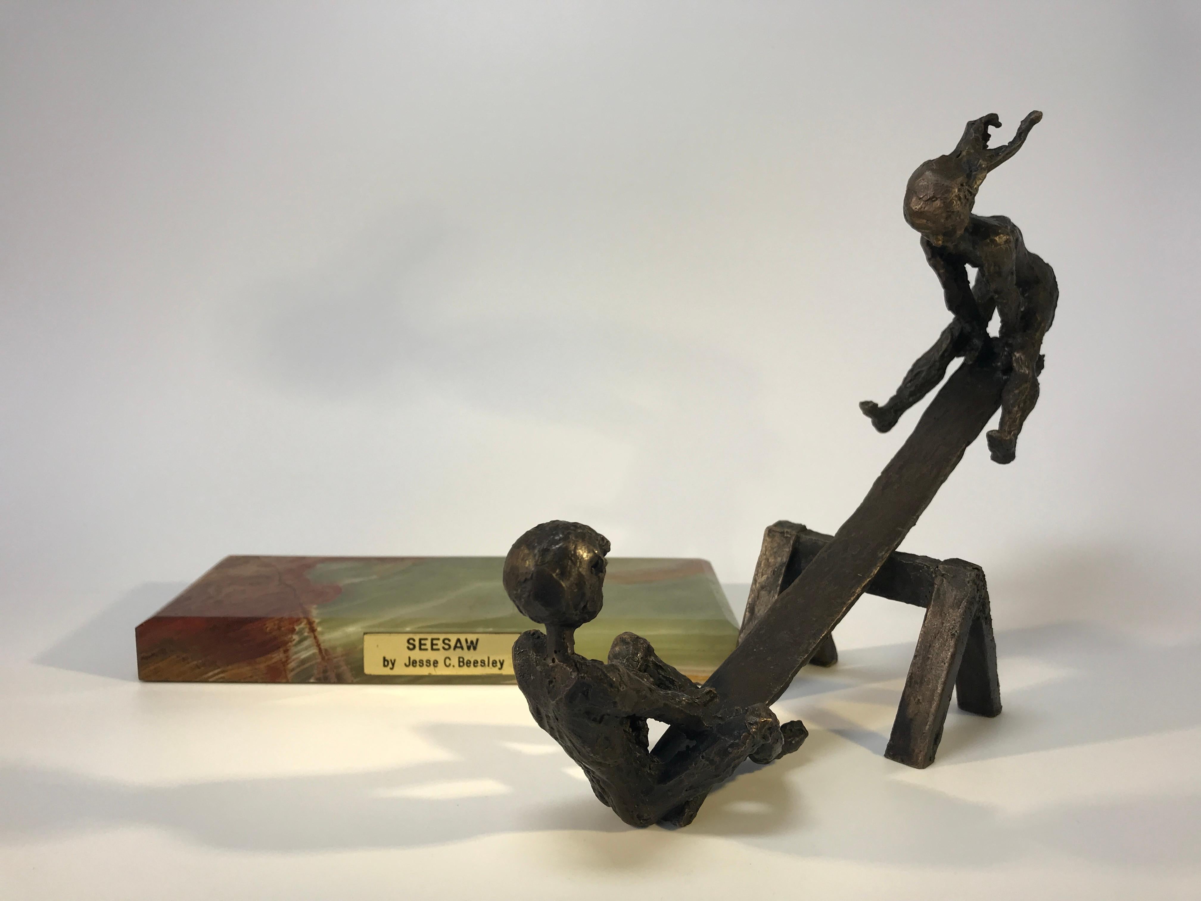 American Jesse C Beesley Signed 1970s Bronze Boy and Girl Teeter-Totter SeeSaw Sculpture