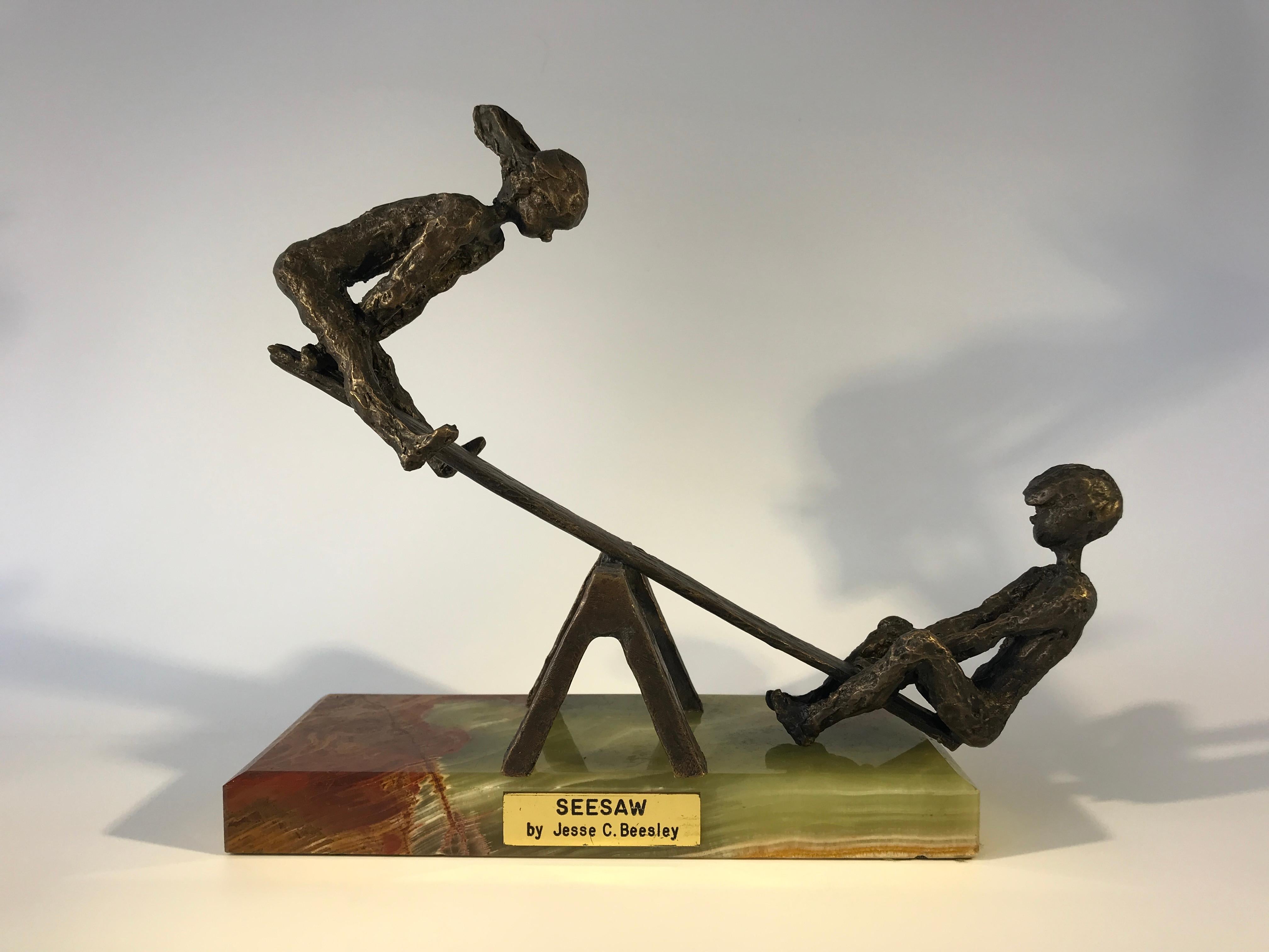 Jesse C Beesley Signed 1970s Bronze Boy and Girl Teeter-Totter SeeSaw Sculpture 1