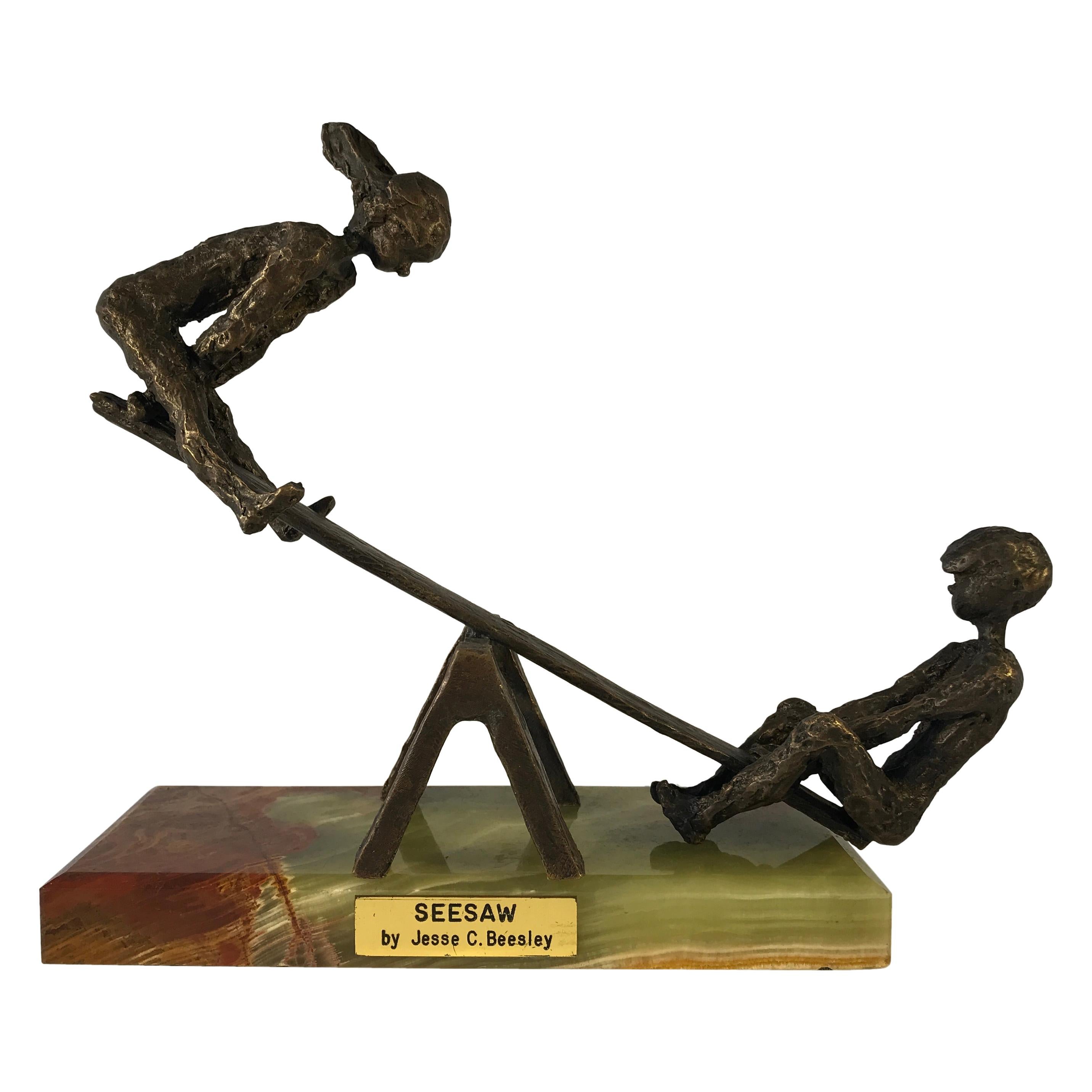 Jesse C Beesley Signed 1970s Bronze Boy and Girl Teeter-Totter SeeSaw Sculpture