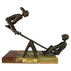Vintage Jesse C Beesley Signed 1970s Bronze Boy and Girl Teeter-Totter SeeSaw Sculpture