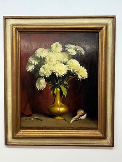 Jesse Corsaut Still Life of White Chrysanthemums in a Gold Vase