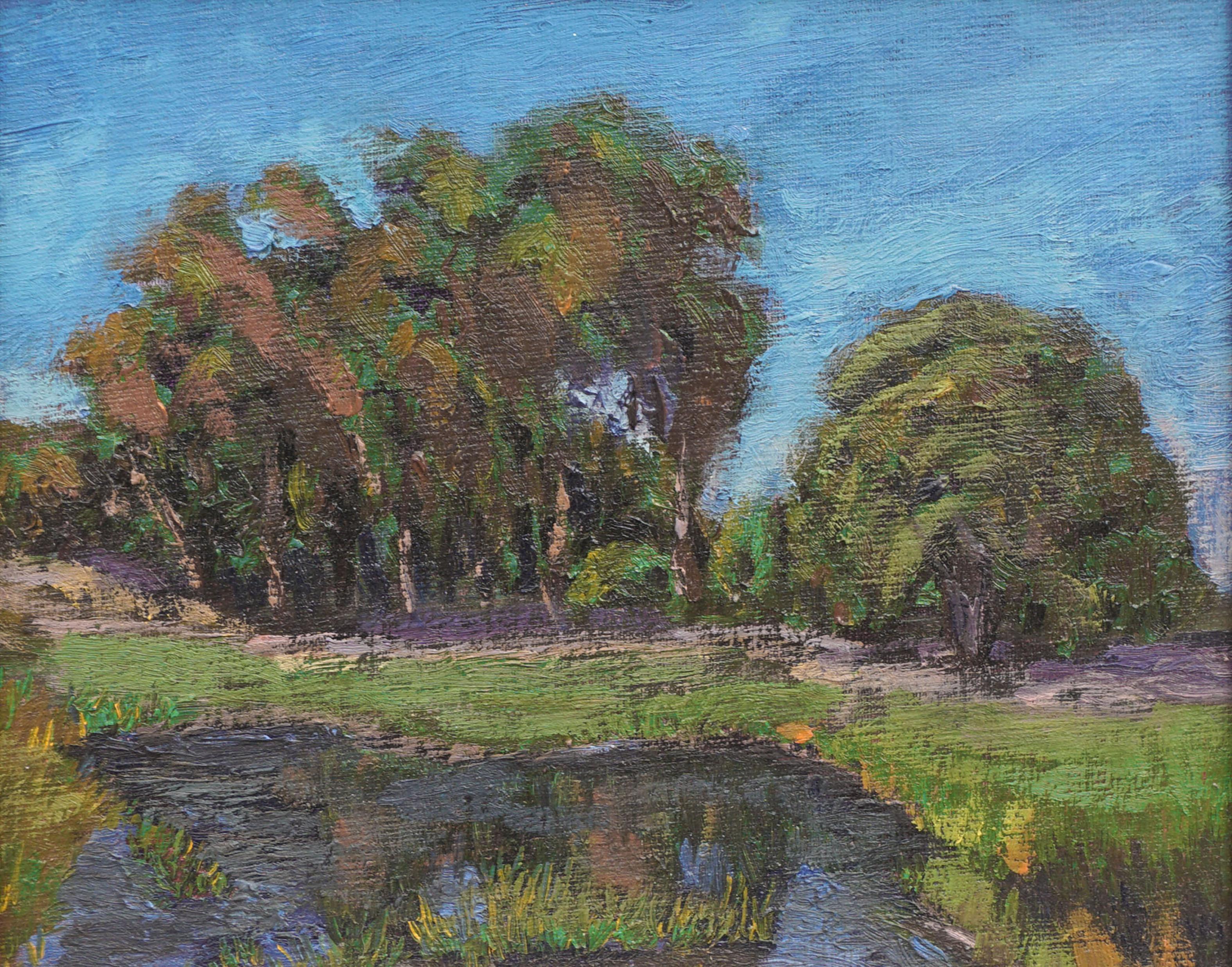 California Eucalyptus, Oak and Pond Landscape - Painting by Jesse Don Rasberry 