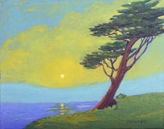 Retro Monterey Cypress Tree Sunset - Carmel California Coastal Landscape