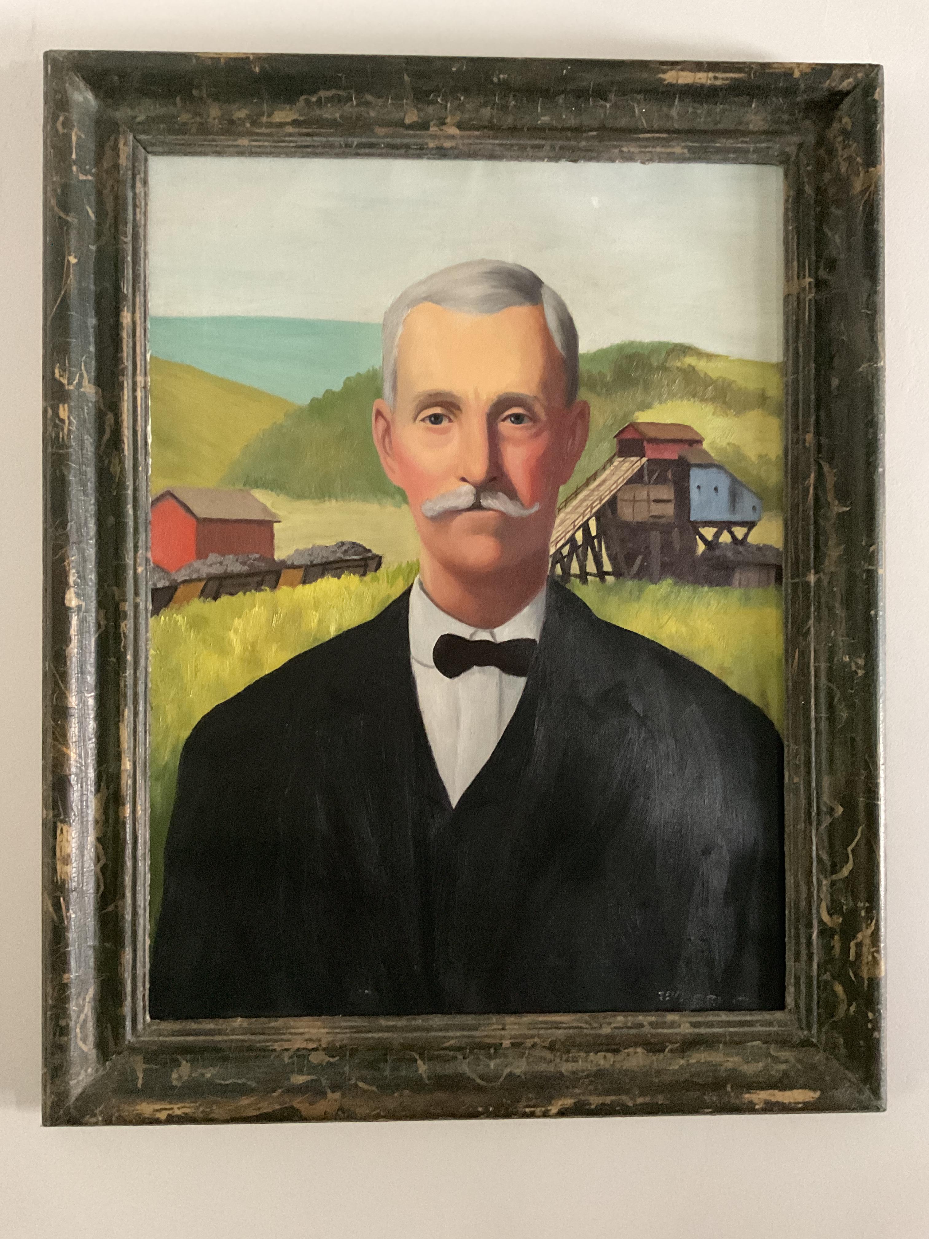 This highly stylized portrait depicts a well dressed man in front of a mining property likely in West Virginia.  It is very much in the manner of earlier American artists such as Grant Wood or a bit of Norman Rockwell. As he is well dressed, he is,