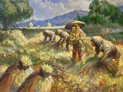 Peinture à l'huile de Jesse F. Santos, "Harvesting Rice", paysage philippin, vers 1970
