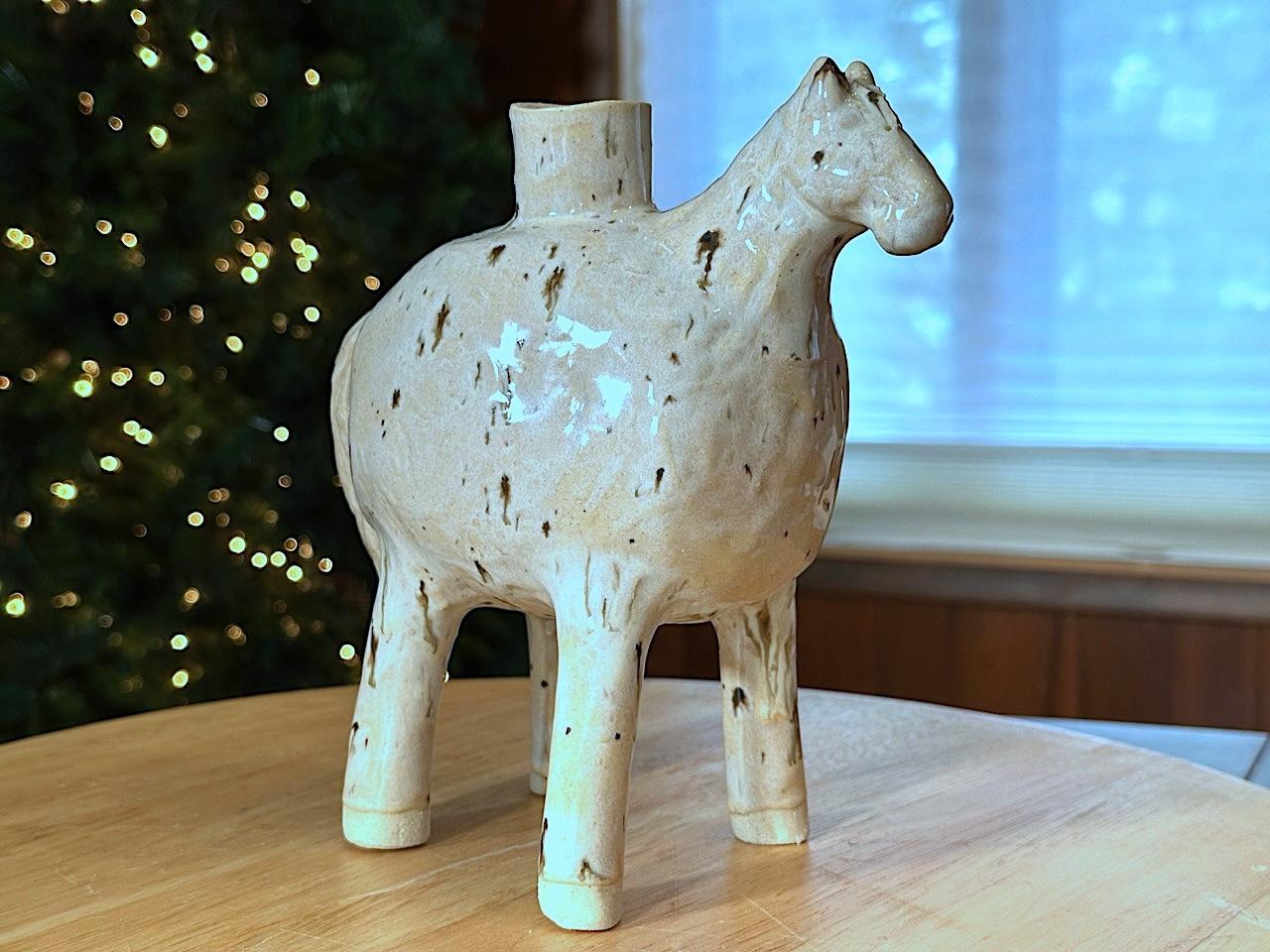 JESSE FALES, Spotted Cream & White Horse Vase, white stoneware and glaze, 2024. This handcrafted vase or candleholder pot channels the simplicity, strength, and purity of the white horse. Handmade in Yellowstone area. Yellowstone Wild Life Ceramics