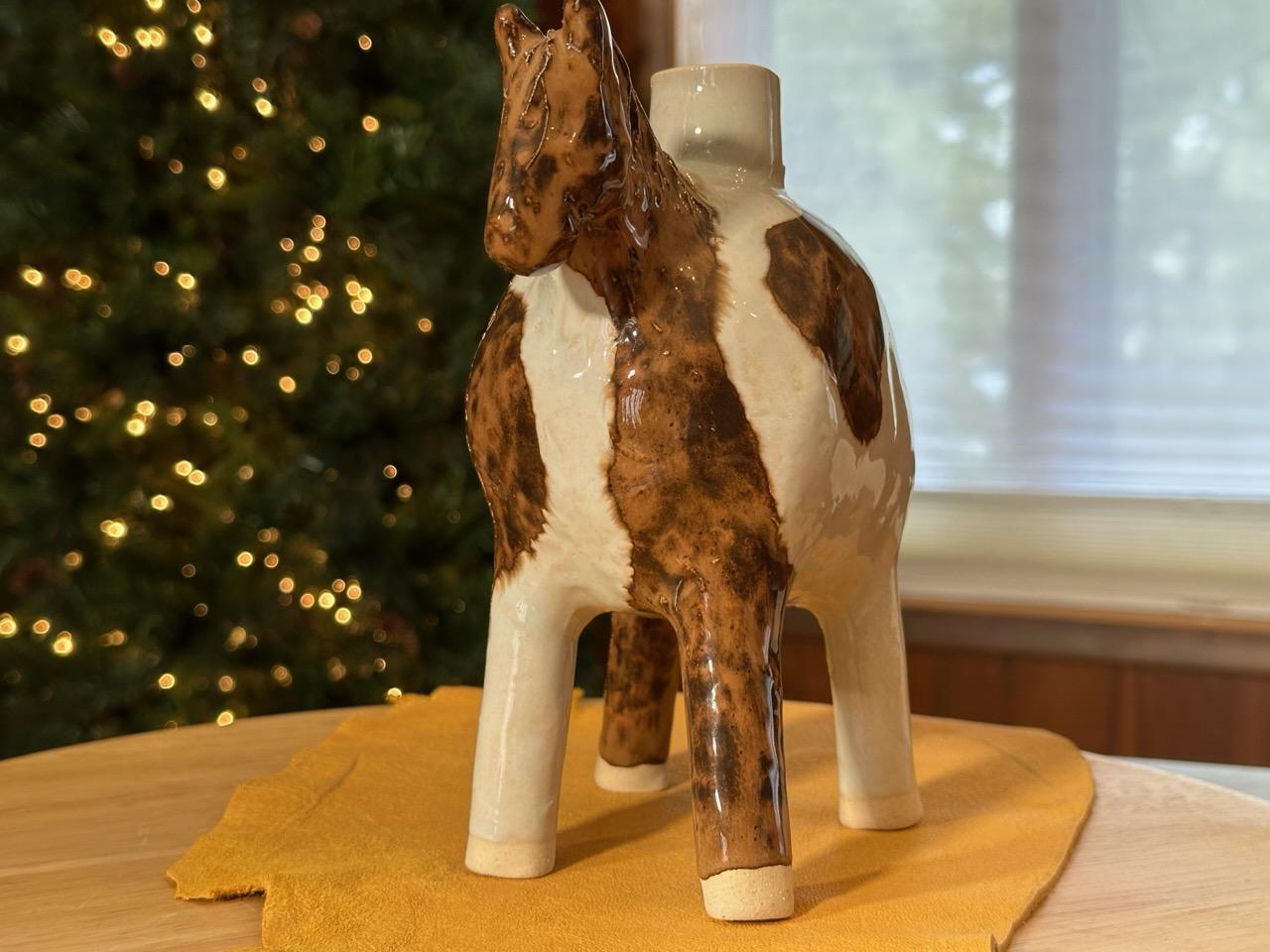 JESSE FALES, Paint Horse Vase, brown and white, white stoneware and glaze, 2024. This handcrafted vase or candleholder pot channels the simplicity, strength, and purity of the white horse. Handmade in Yellowstone area. Yellowstone Wild Life Ceramics