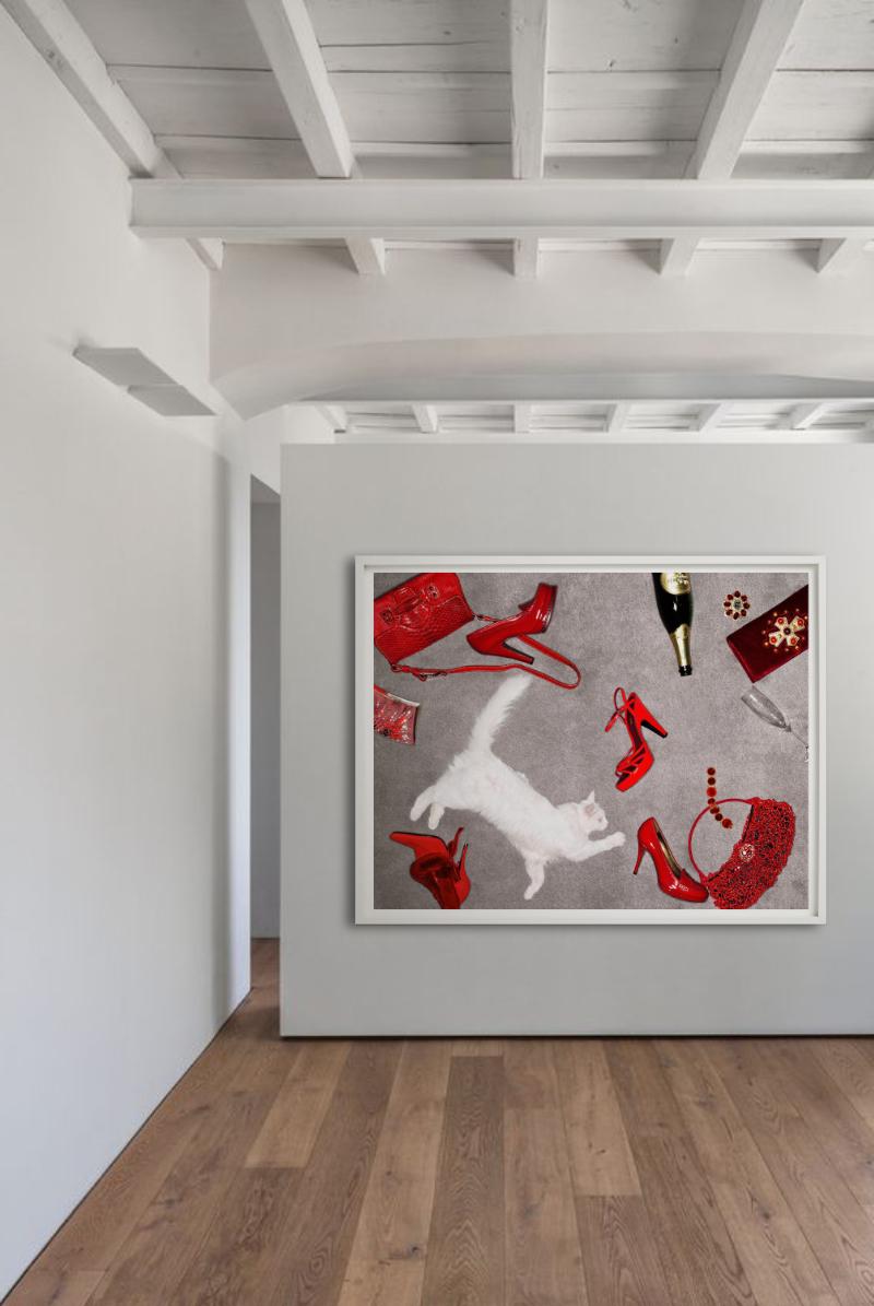 Accessori rossi - Articoli di lusso rossi e un gatto bianco, Fine Art Photography in vendita 7